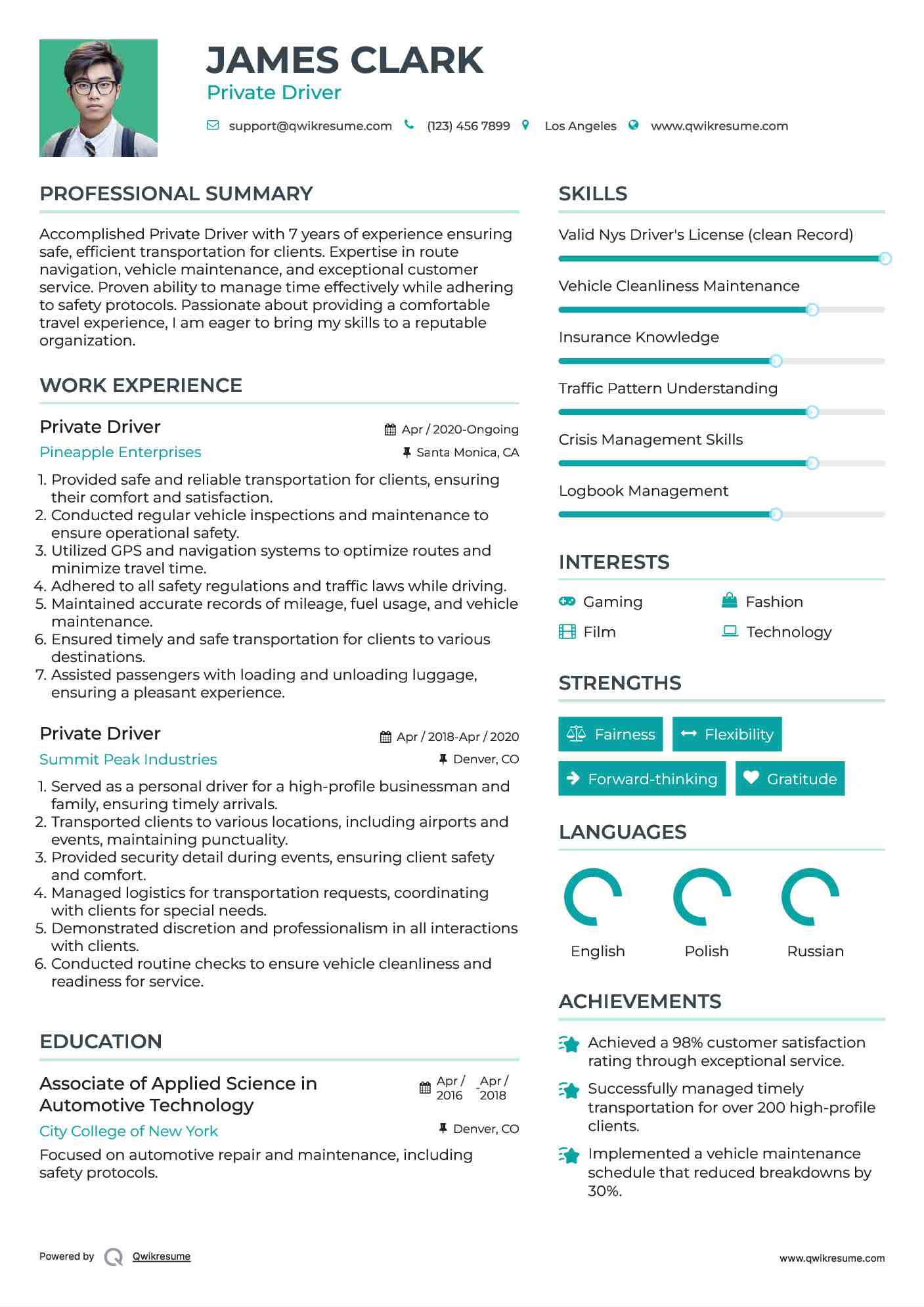 Private Driver Resume Example