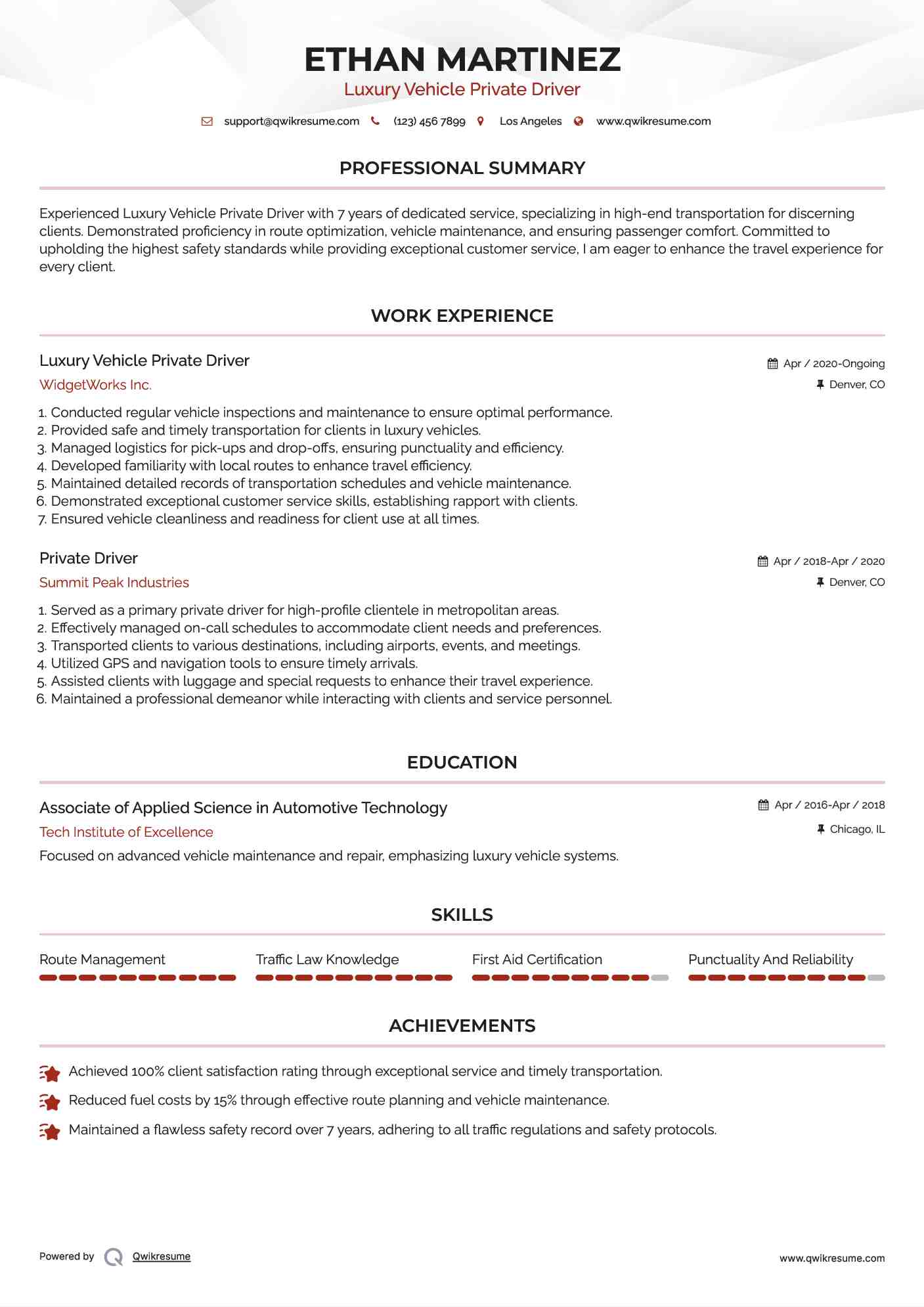 Luxury Vehicle Private Driver Resume Model