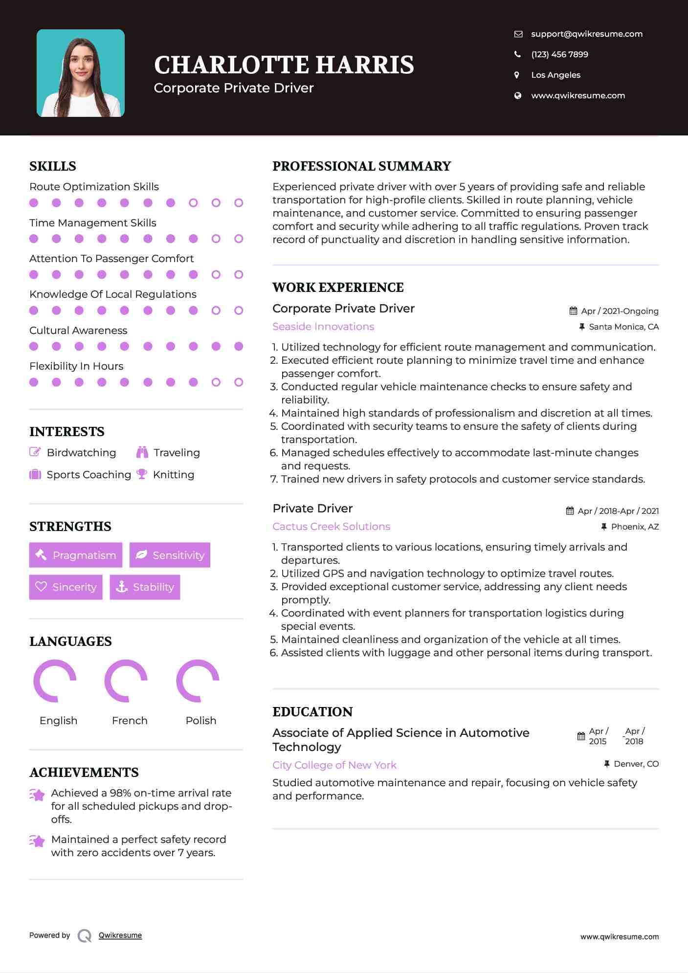 Corporate Private Driver Resume Model