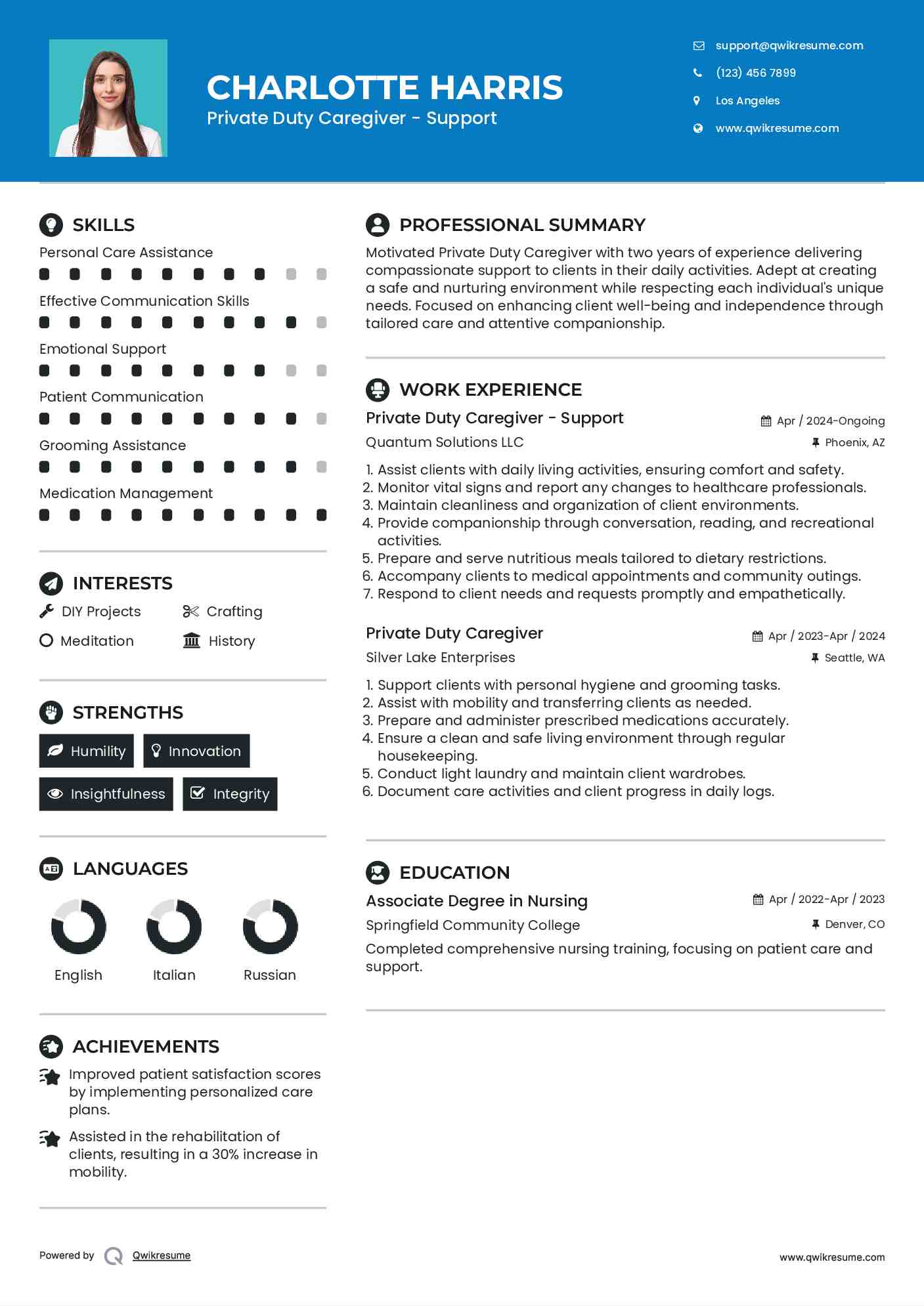 Private Duty Caregiver - Support Resume Sample