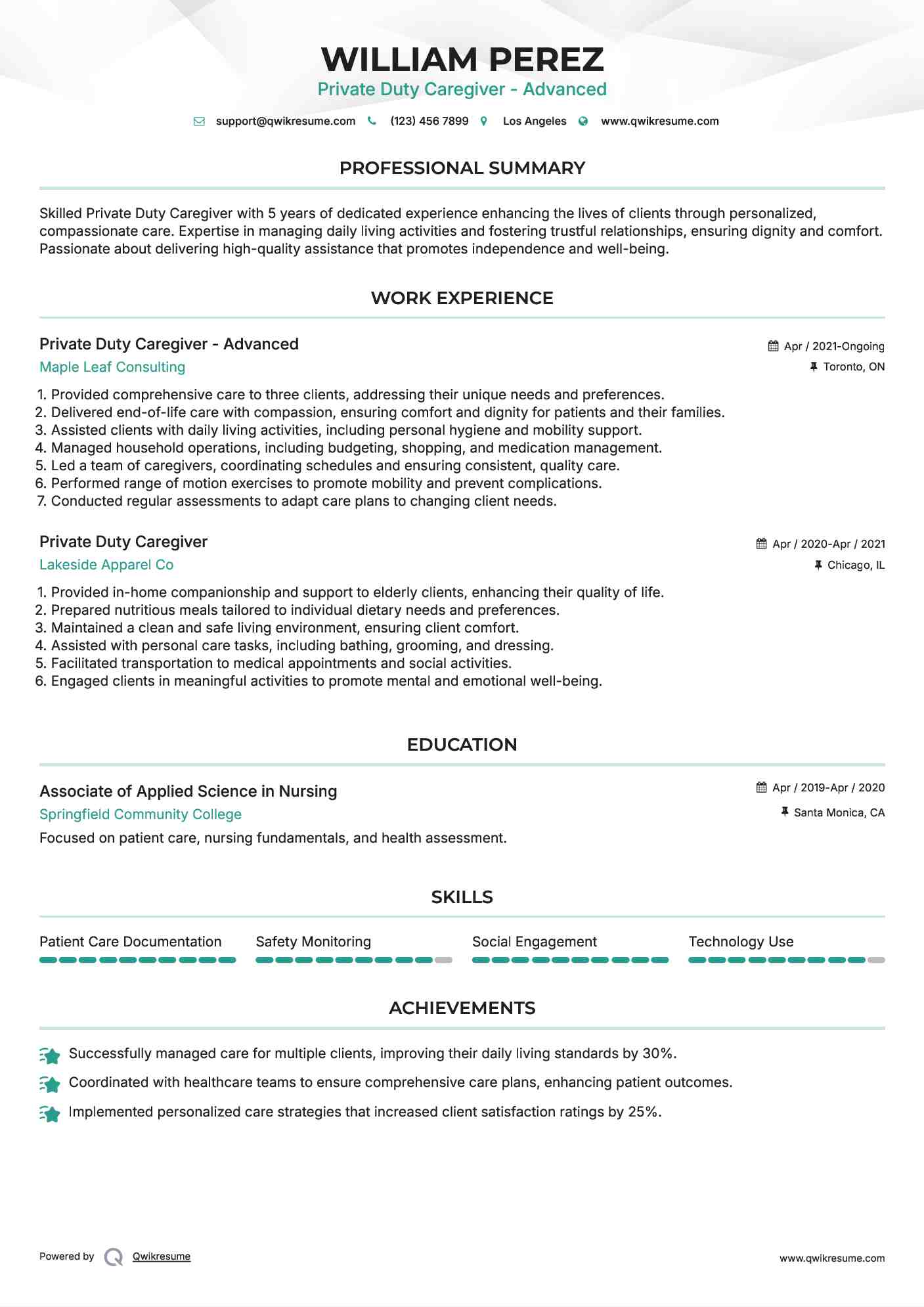 Private Duty Caregiver - Advanced Resume Format