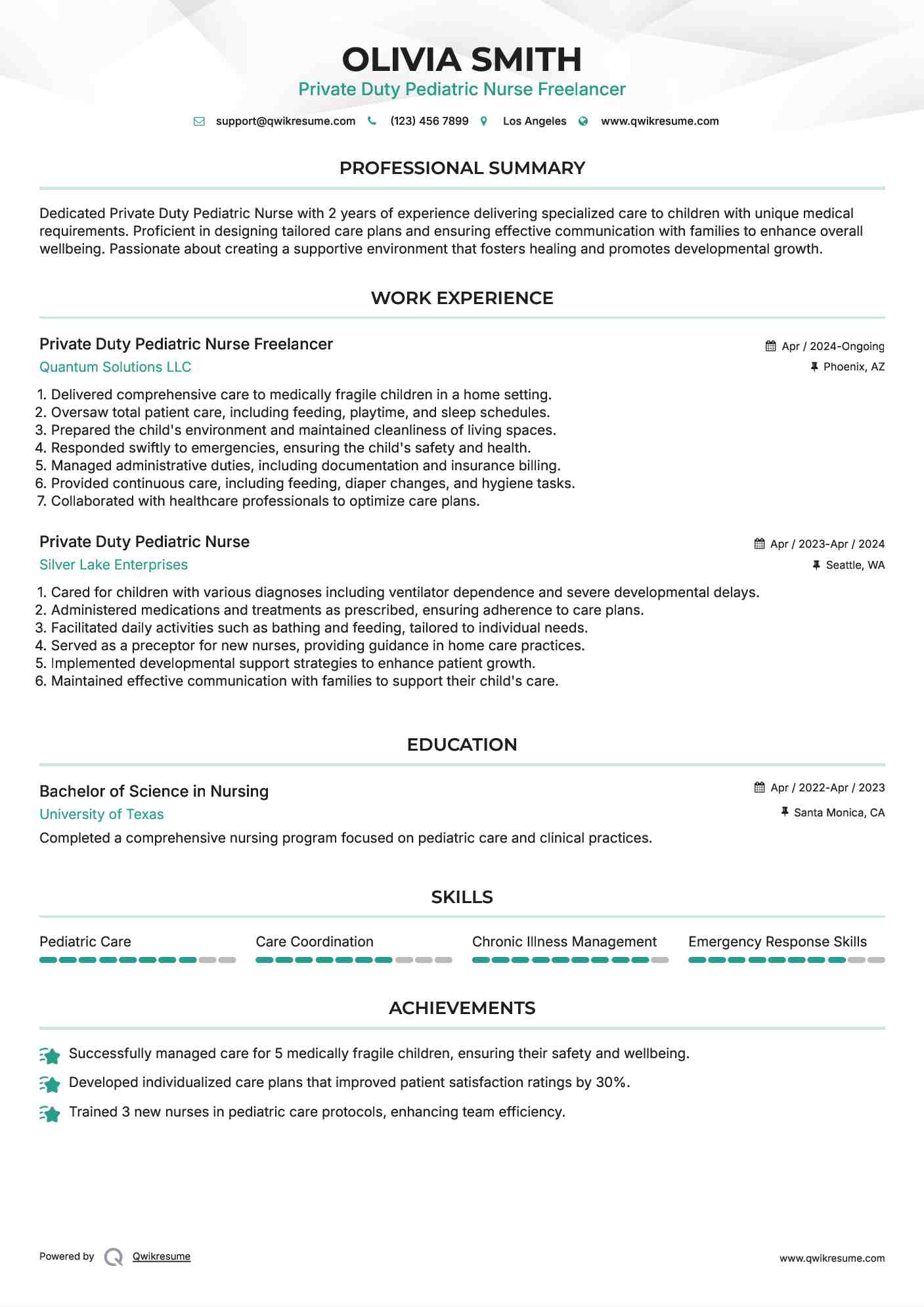 Private Duty Pediatric Nurse Freelancer Resume Example