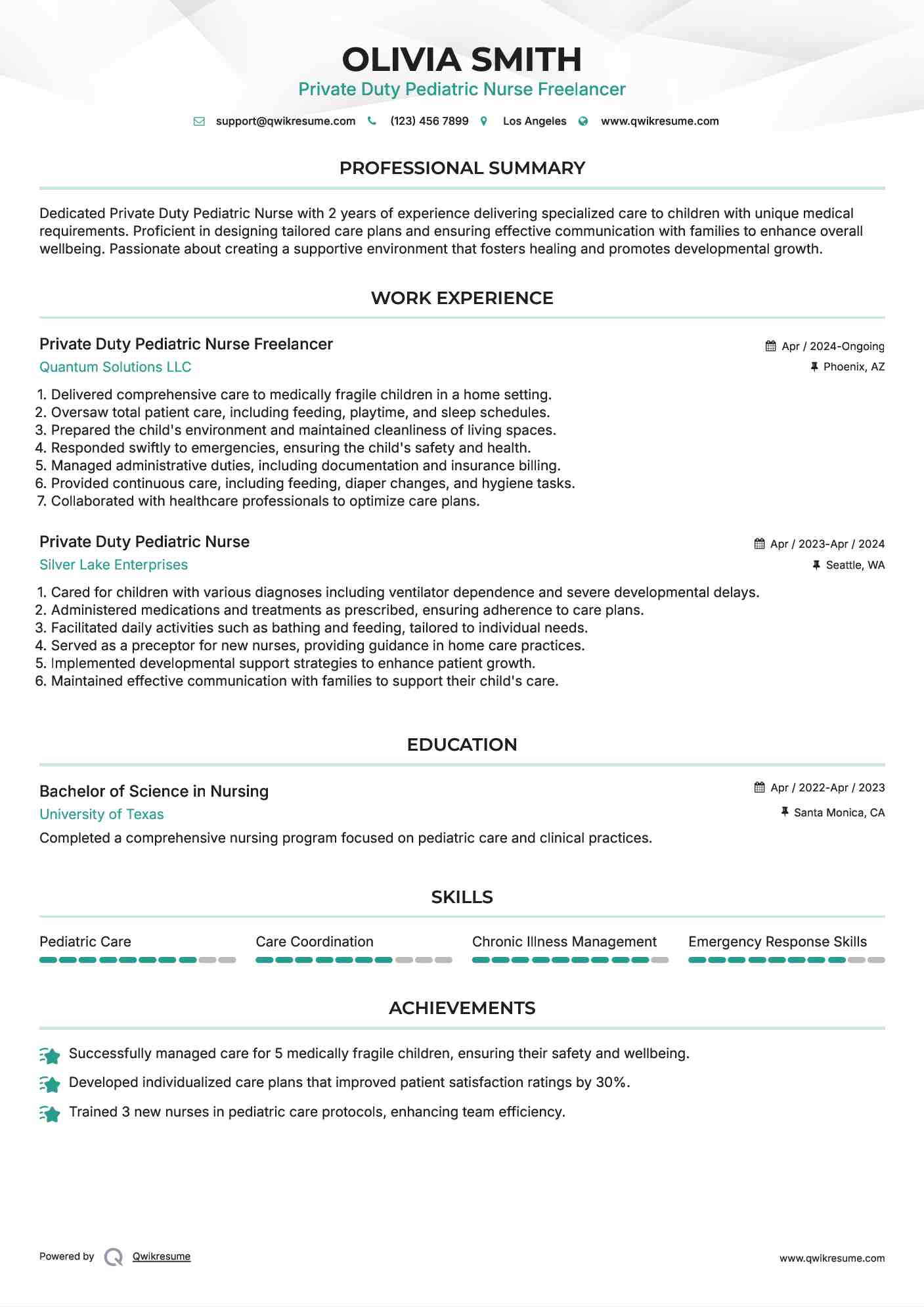 Private Duty Pediatric Nurse Resume Format