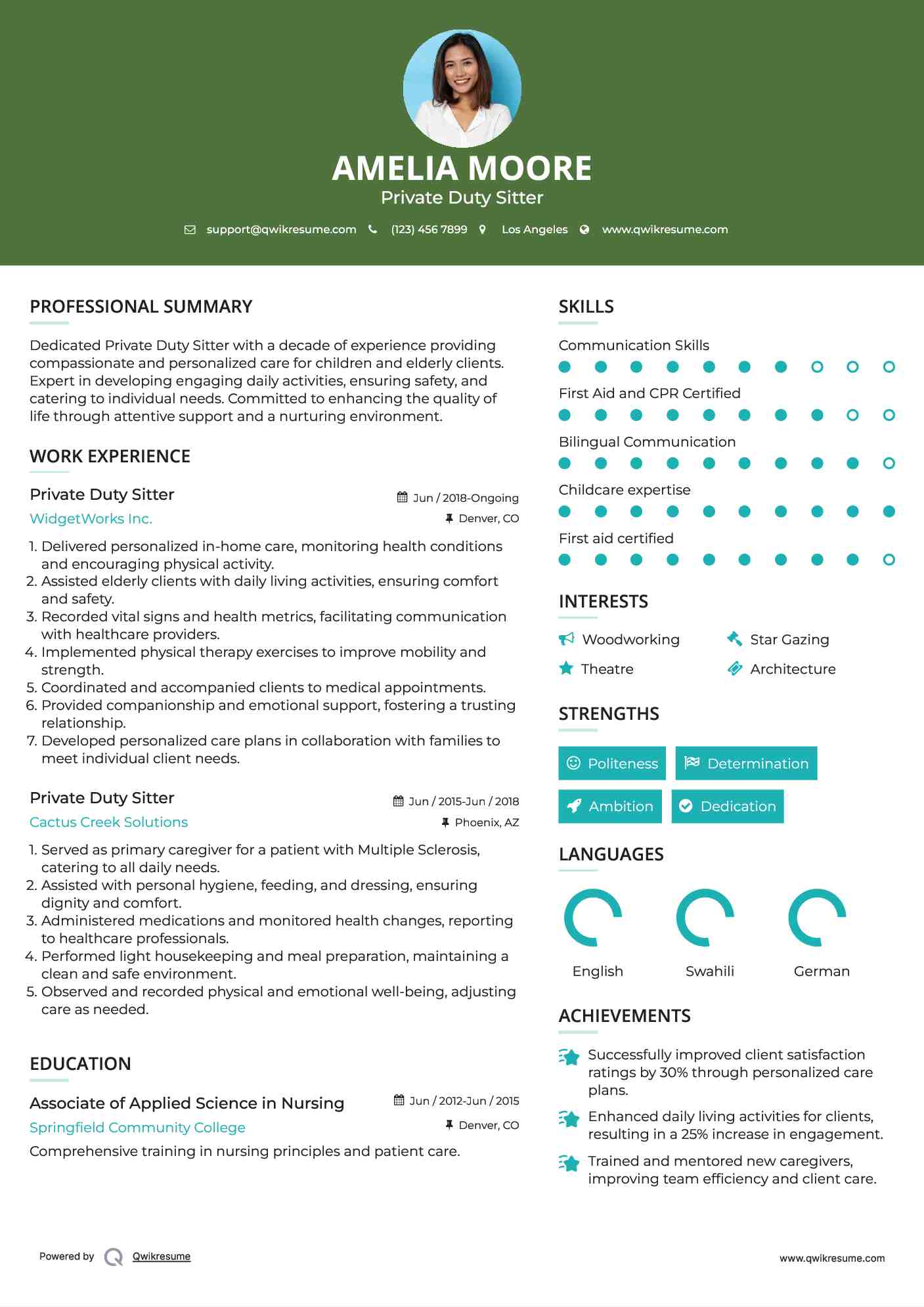 Private Duty Sitter Resume Sample