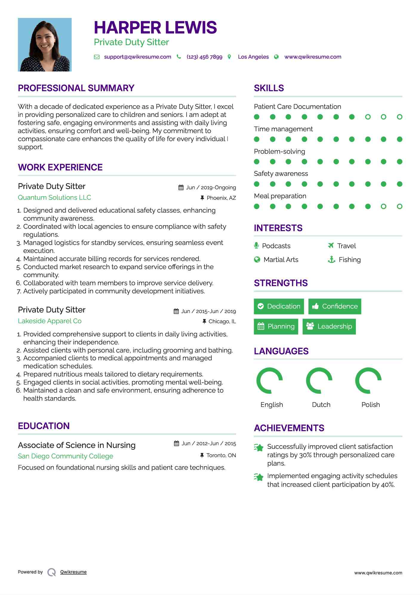 Private Duty Sitter Resume Example