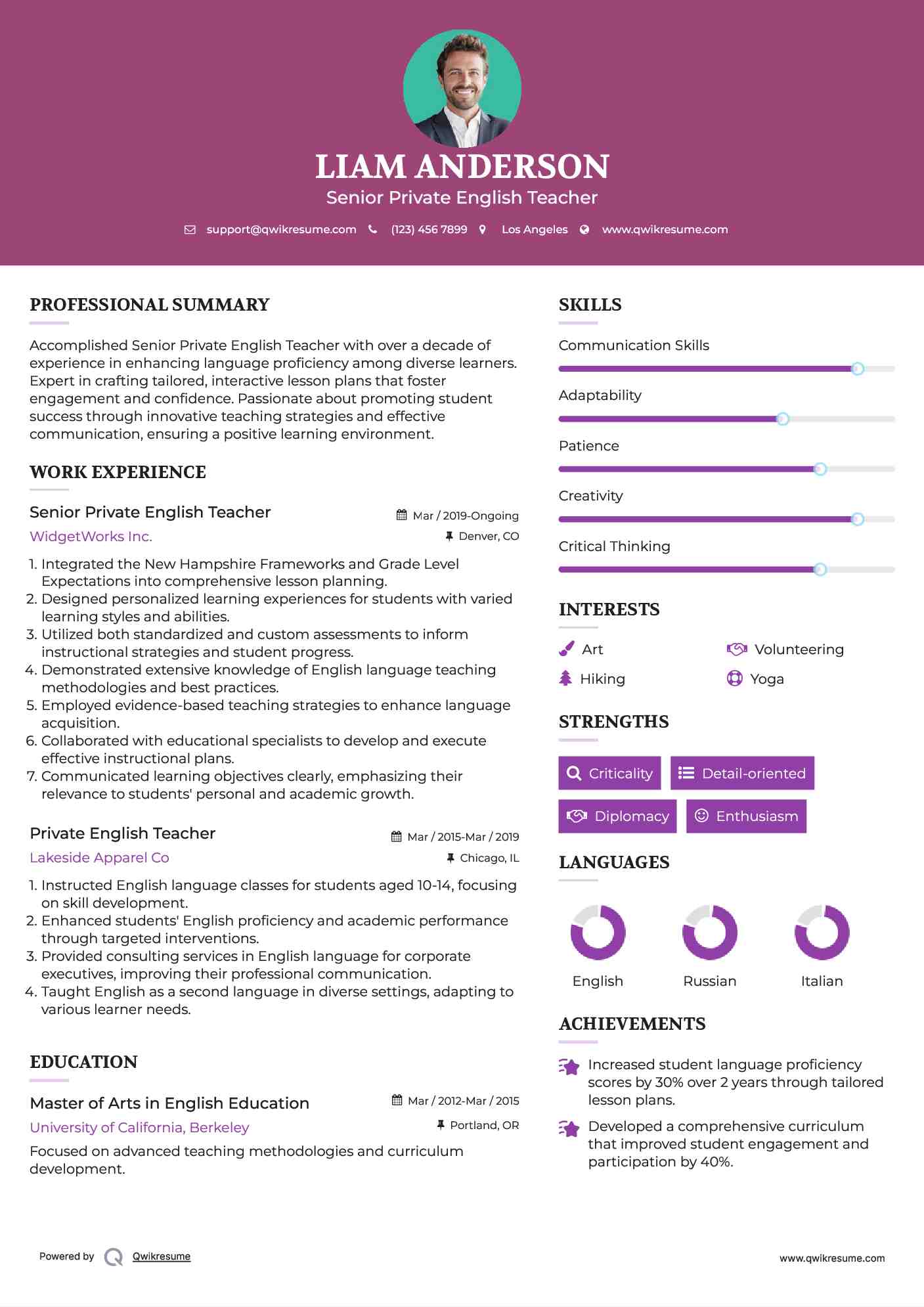 Senior Private English Teacher Resume Template
