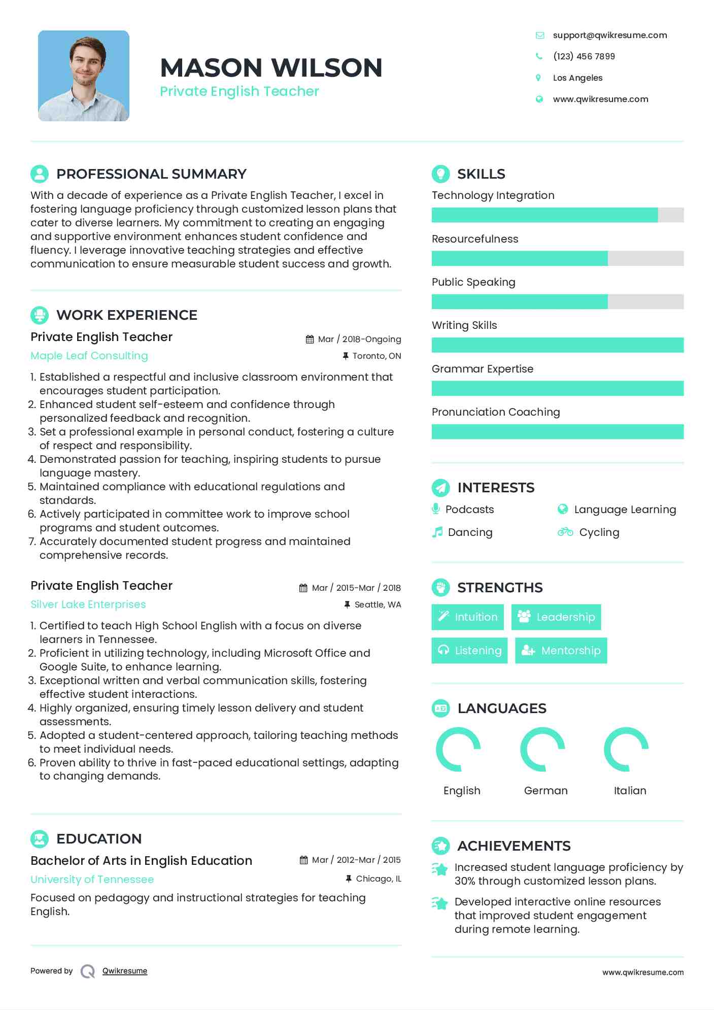 Private English Teacher Resume Template