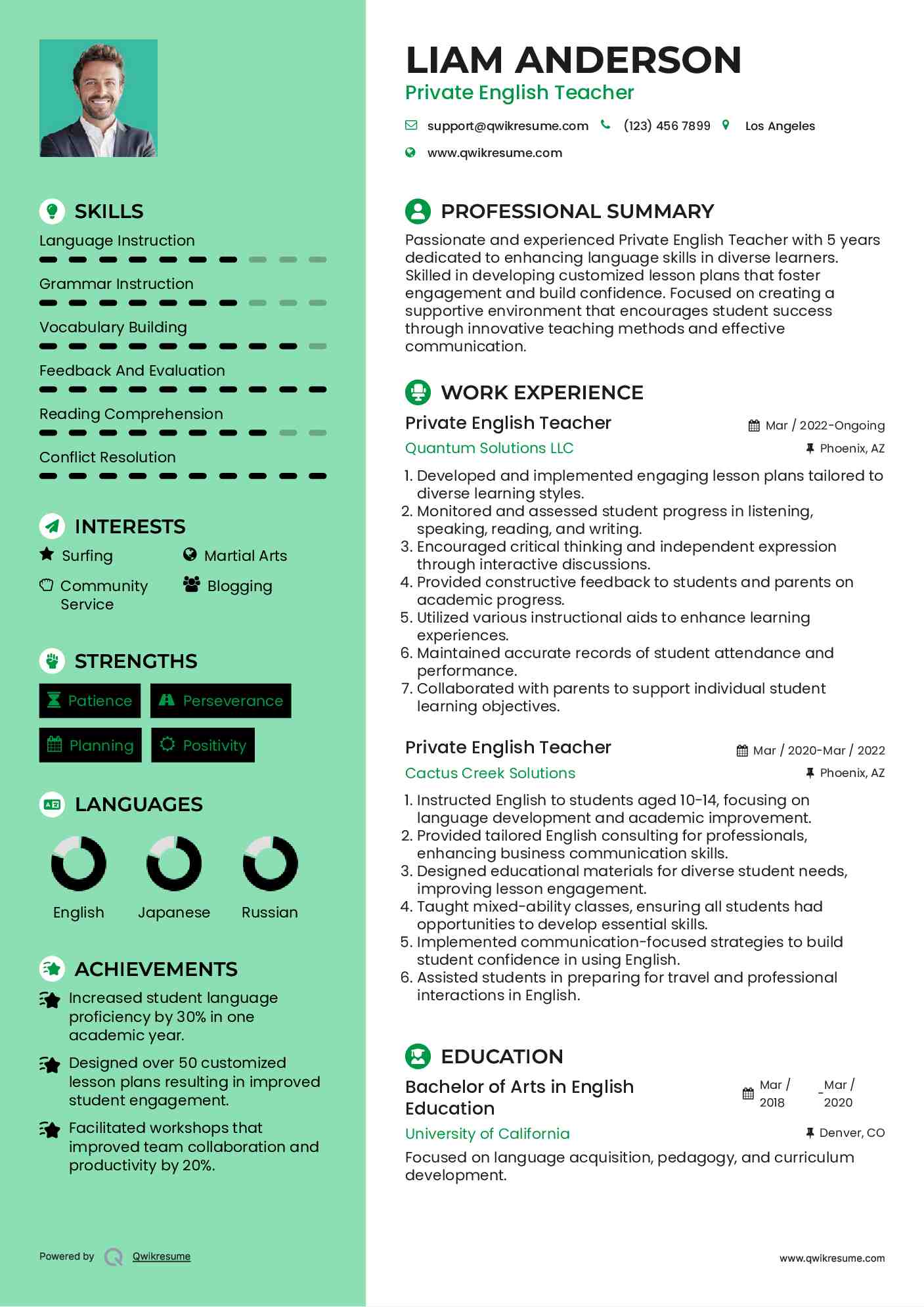 Private English Teacher Resume Format