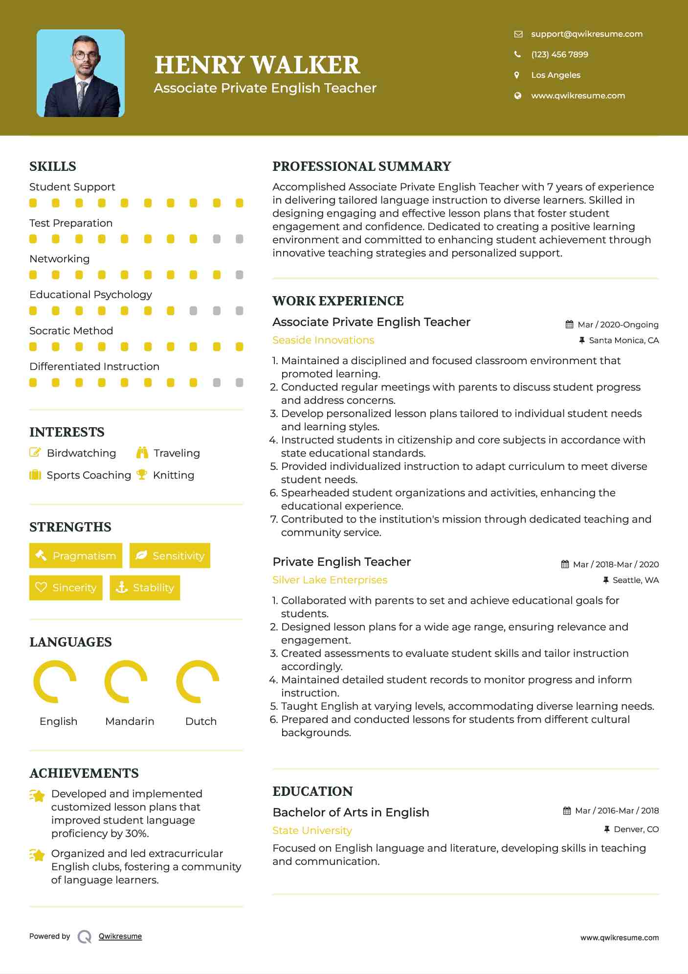 Associate Private English Teacher Resume Model