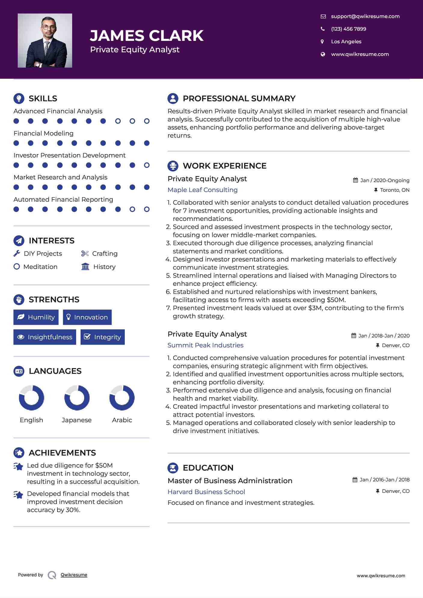 Private Equity Analyst Resume Sample