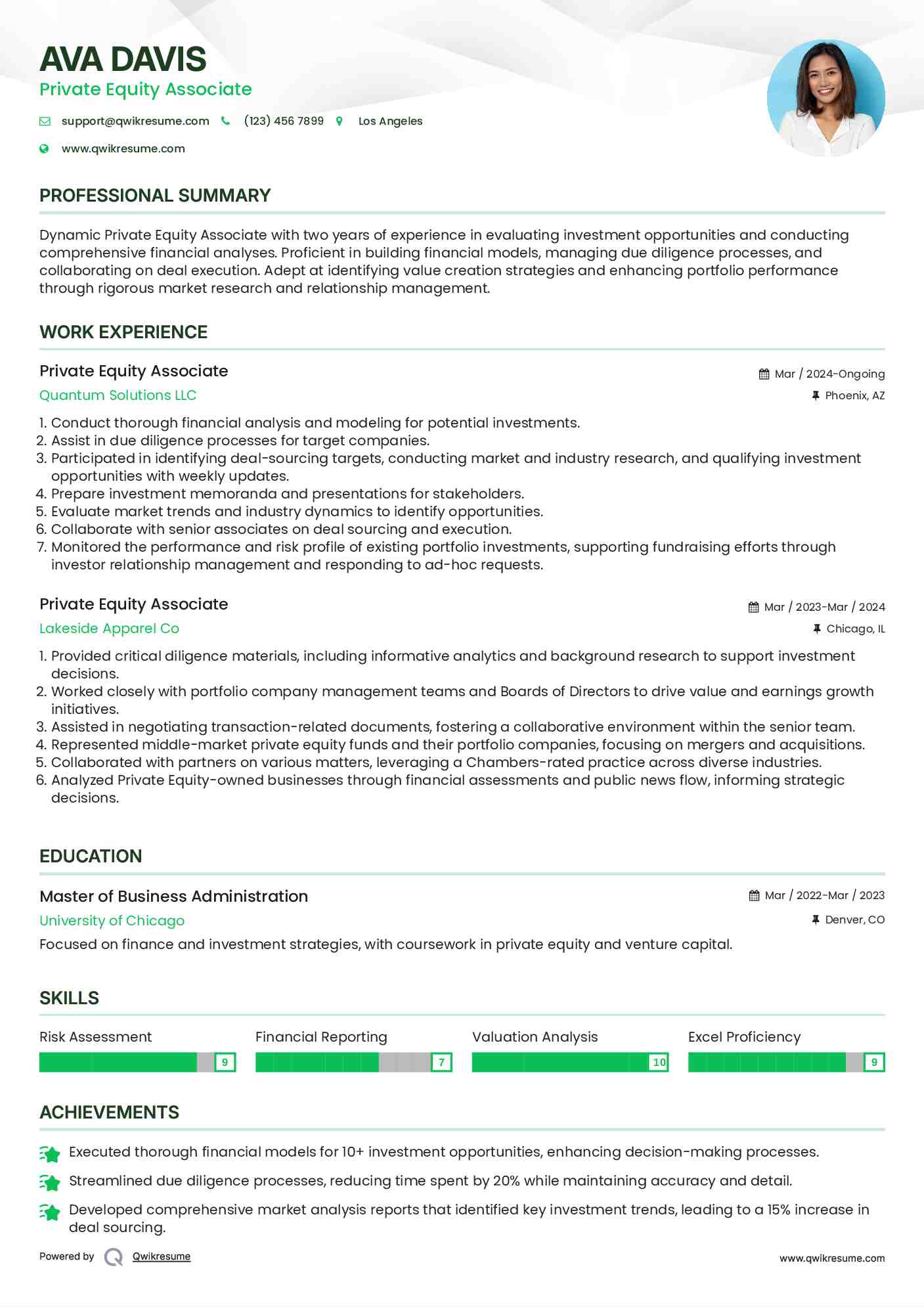 Private Equity Associate Resume Sample