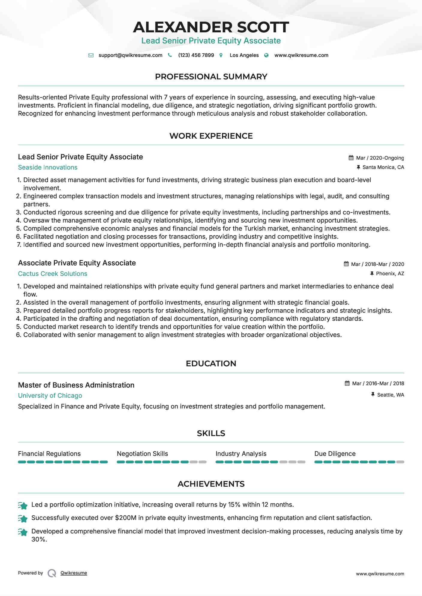 Lead Senior Private Equity Associate Resume Sample