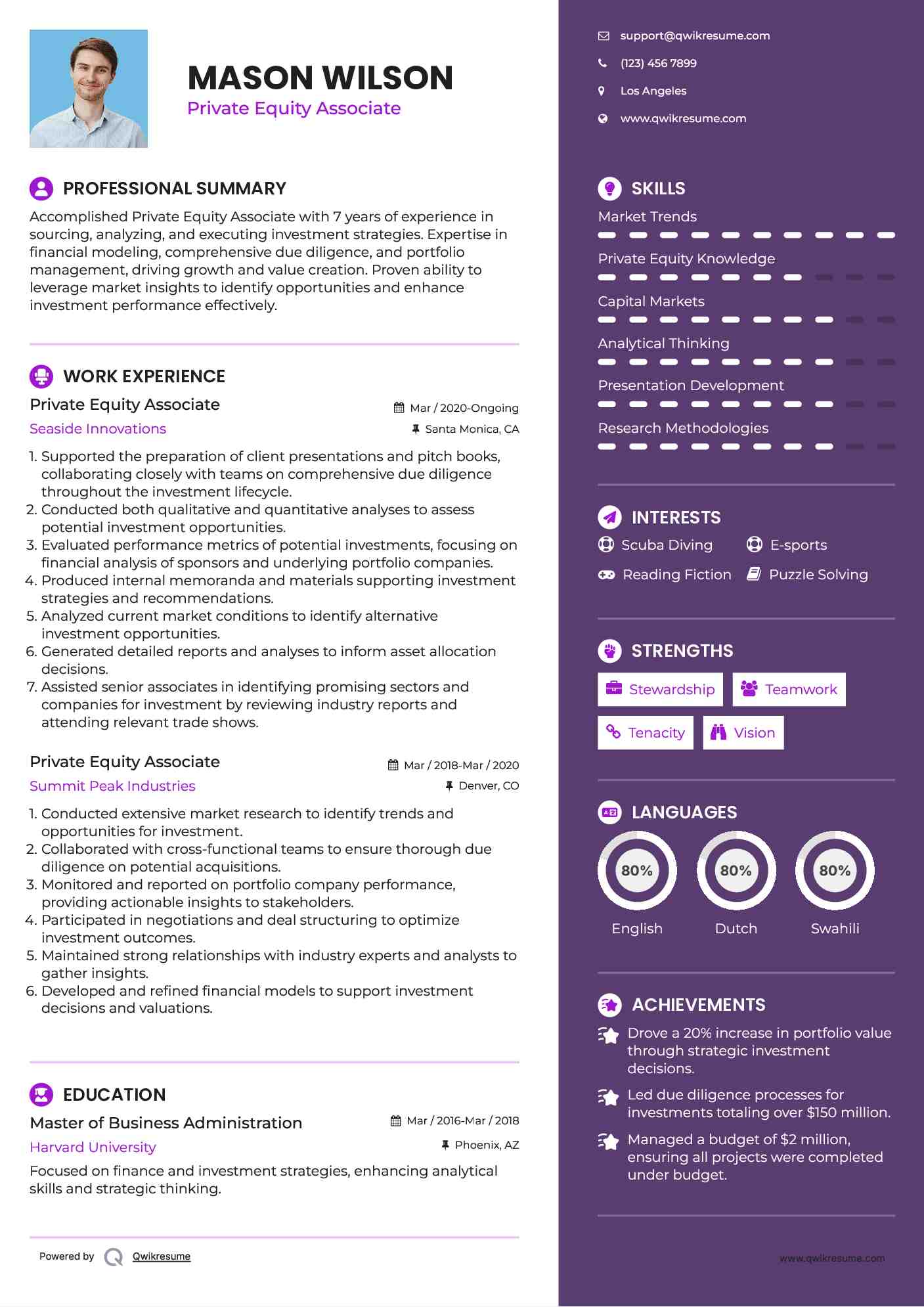 Private Equity Associate Resume Sample