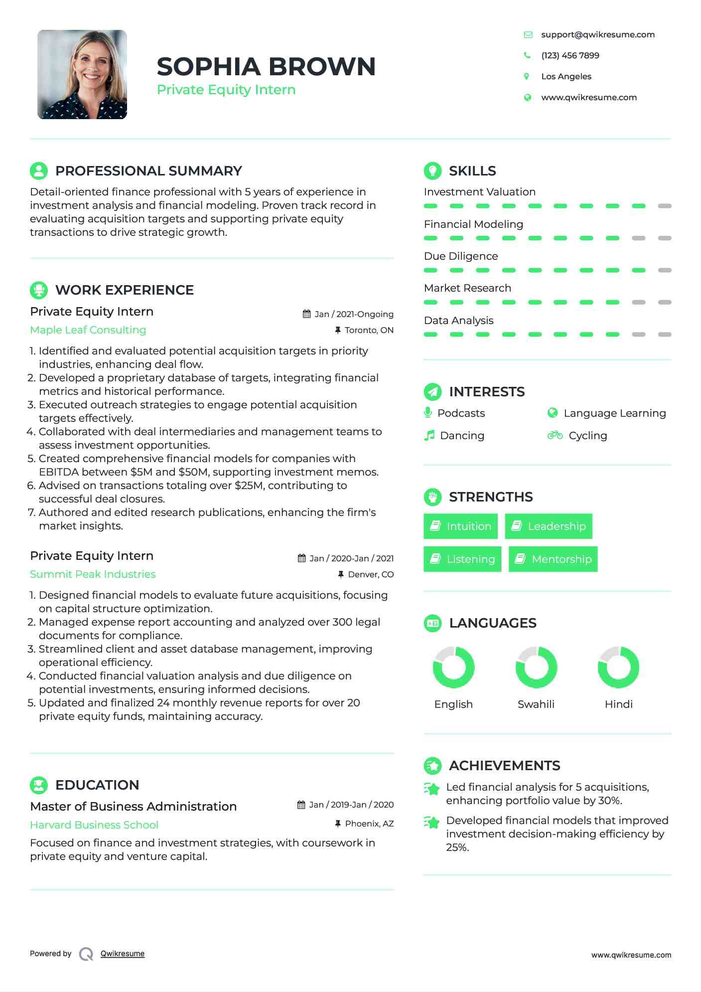 Private Equity Intern Resume Format