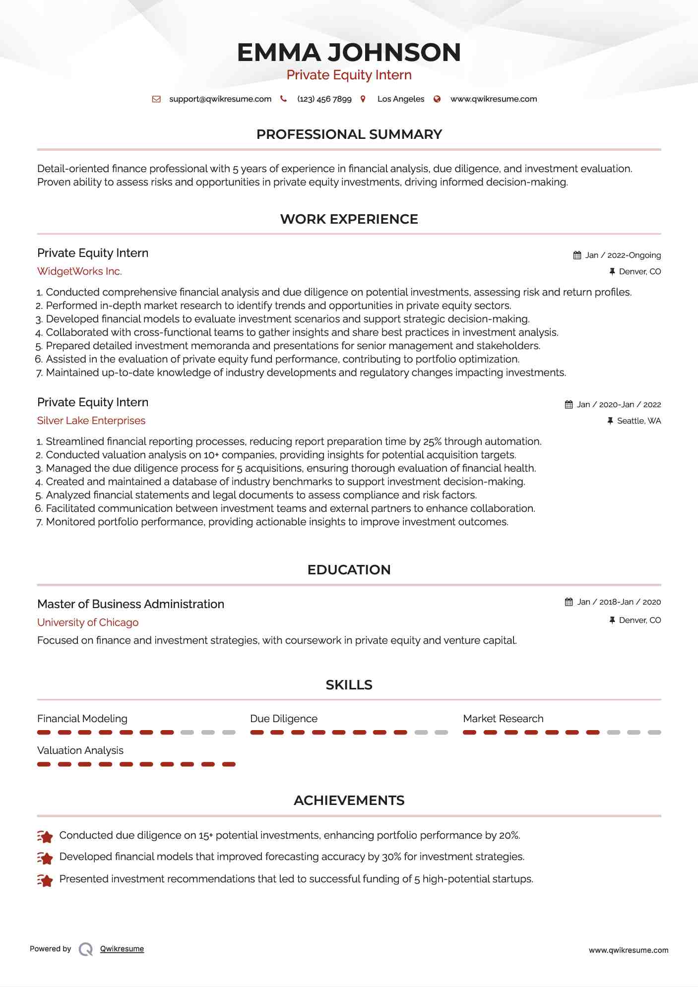Private Equity Intern Resume Format