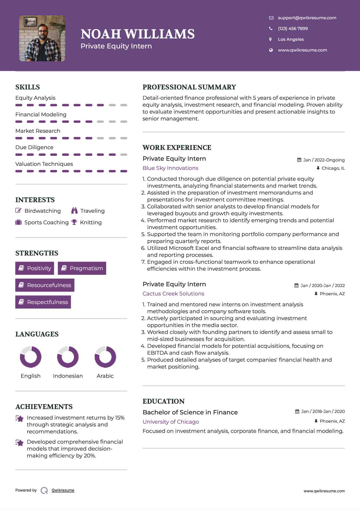 Private Equity Intern Resume Example