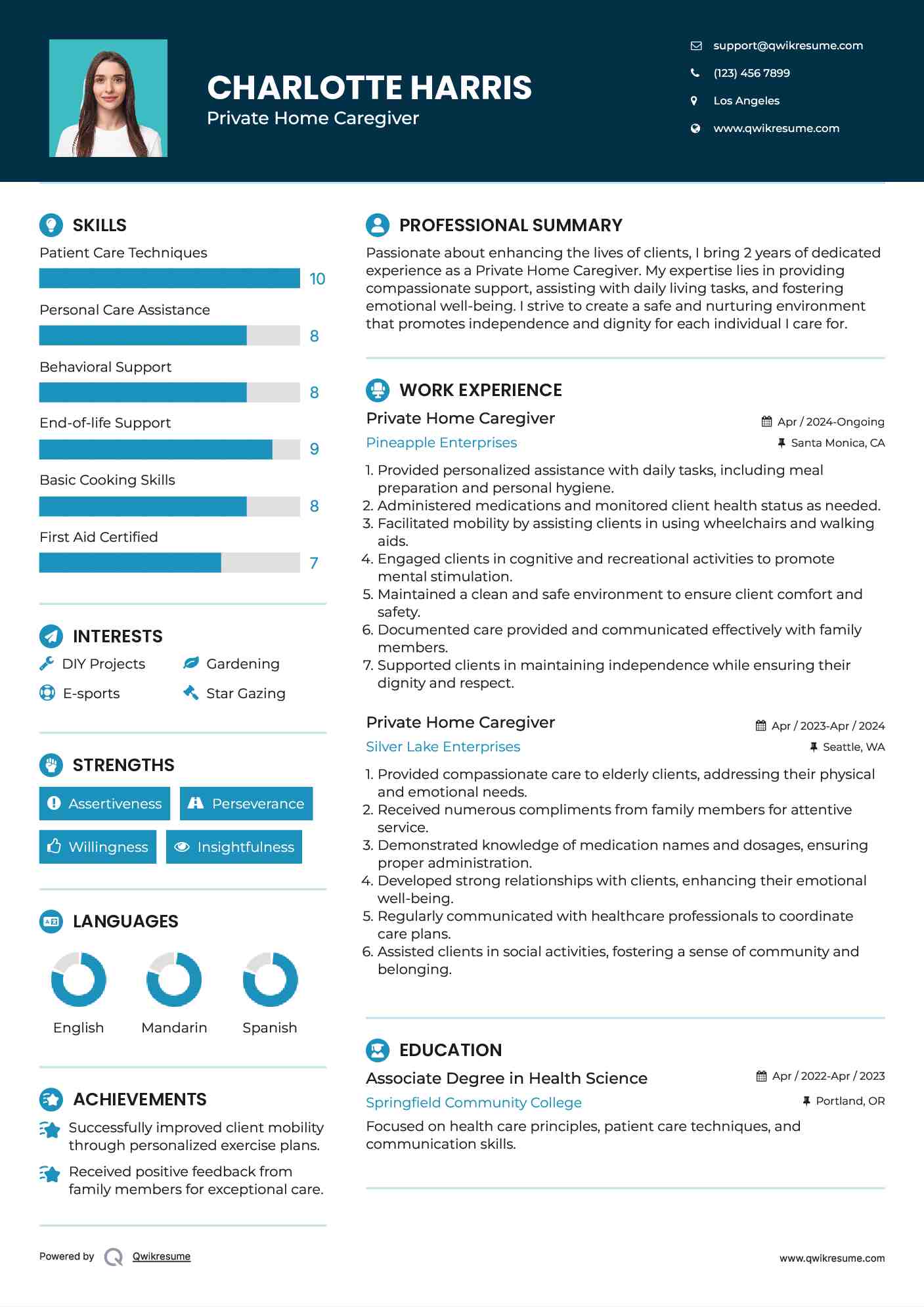 Private Home Caregiver Resume Example