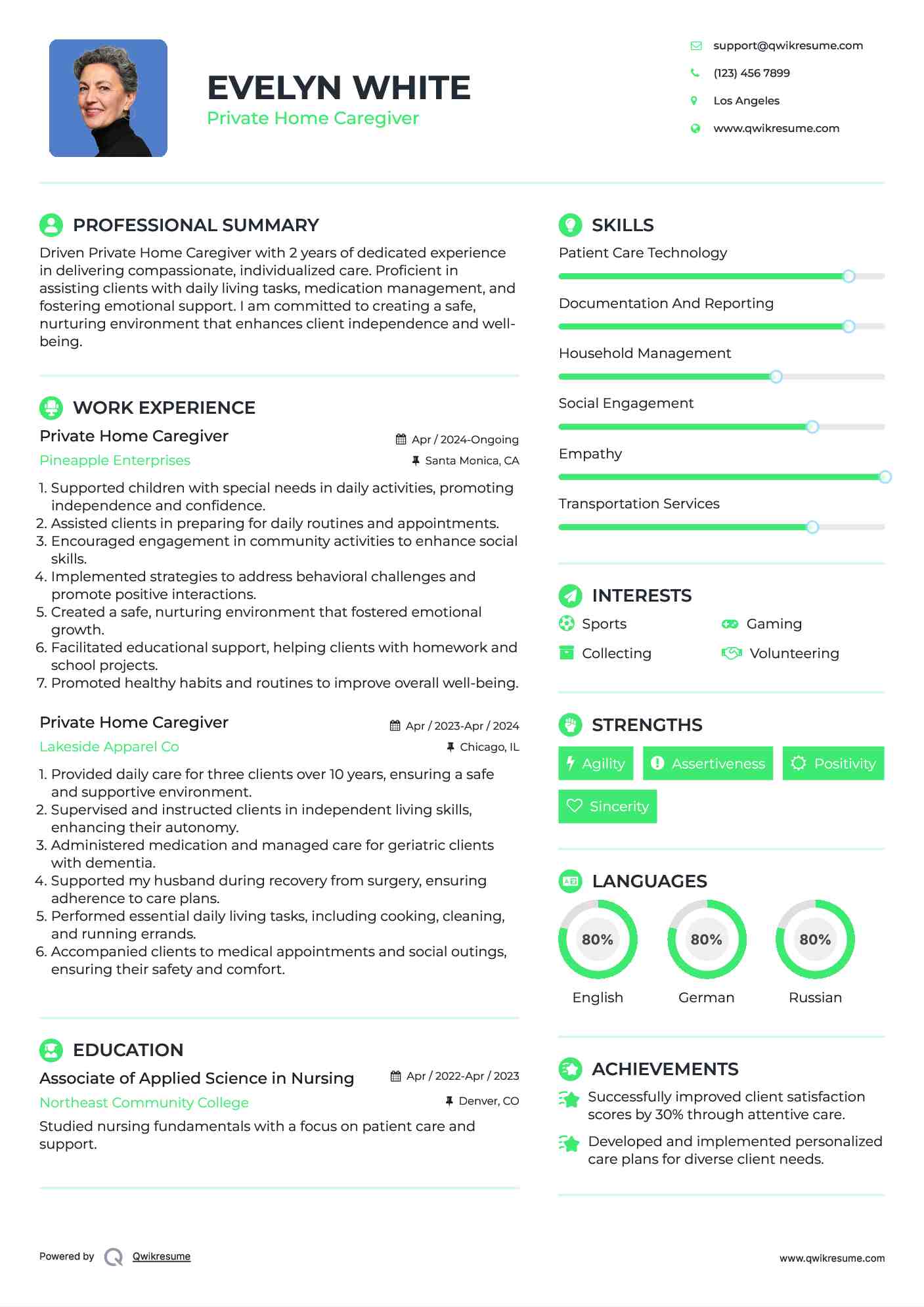 Private Home Caregiver Resume Model