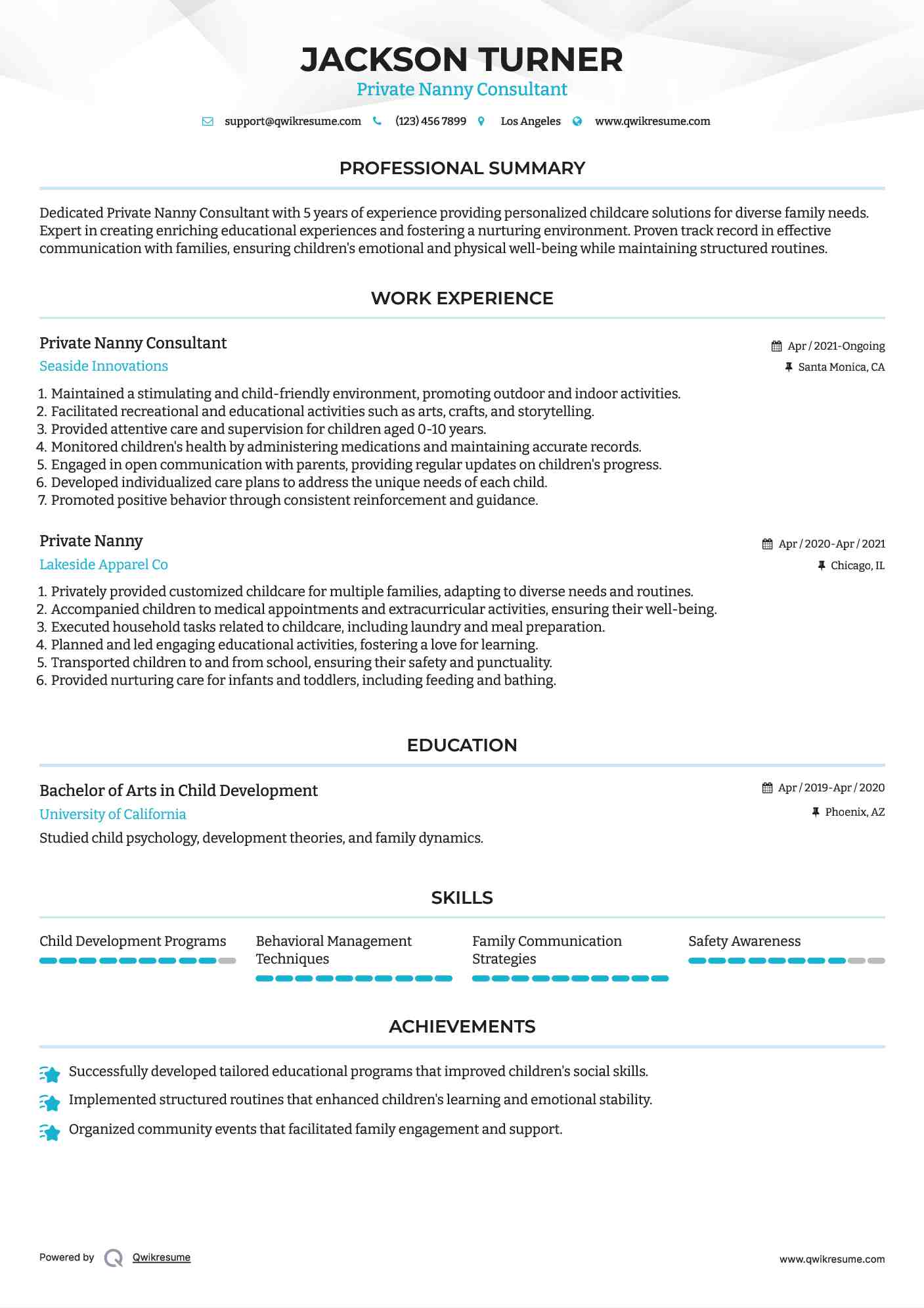Private Nanny Consultant Resume Format