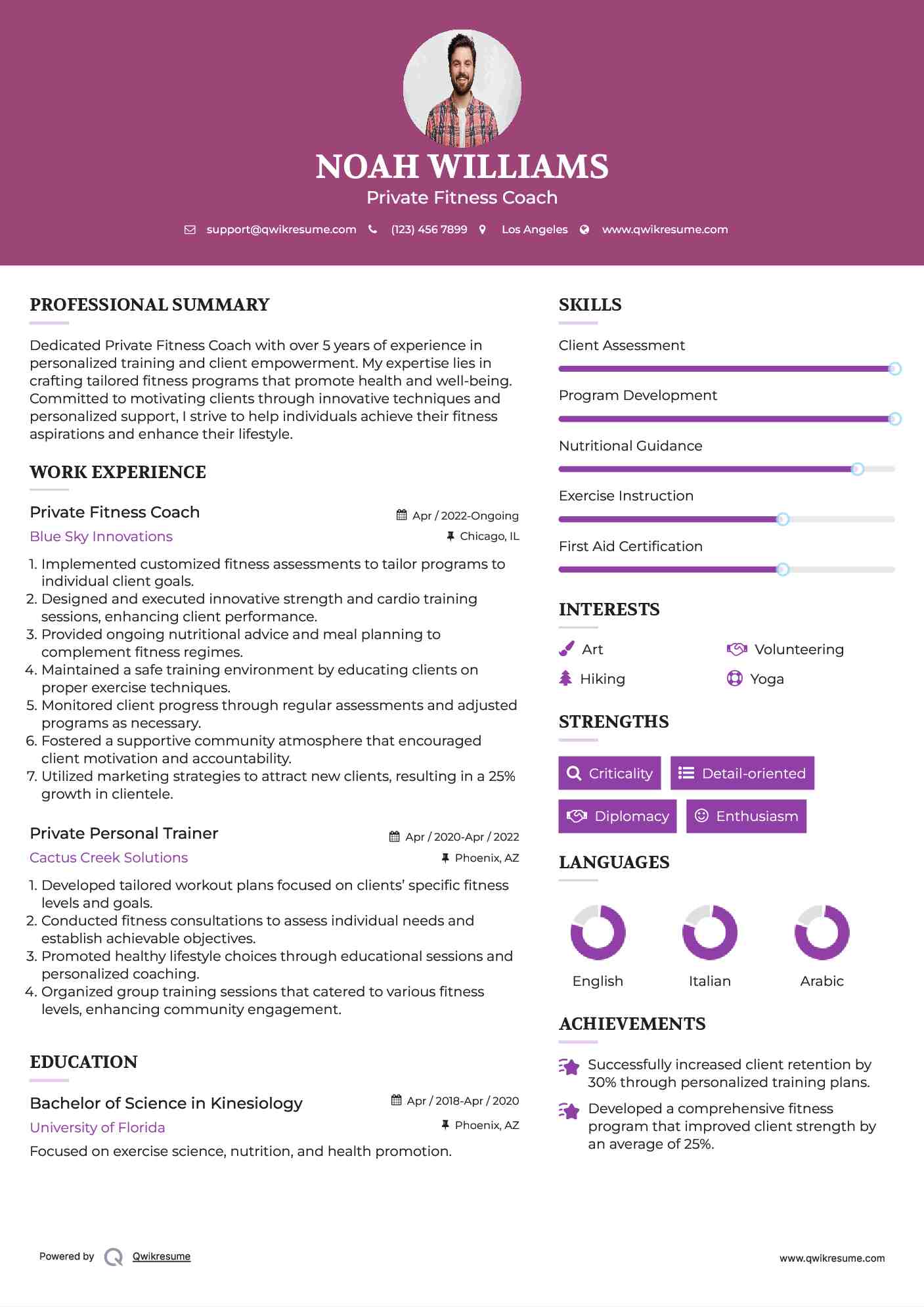 Private Fitness Coach Resume Example