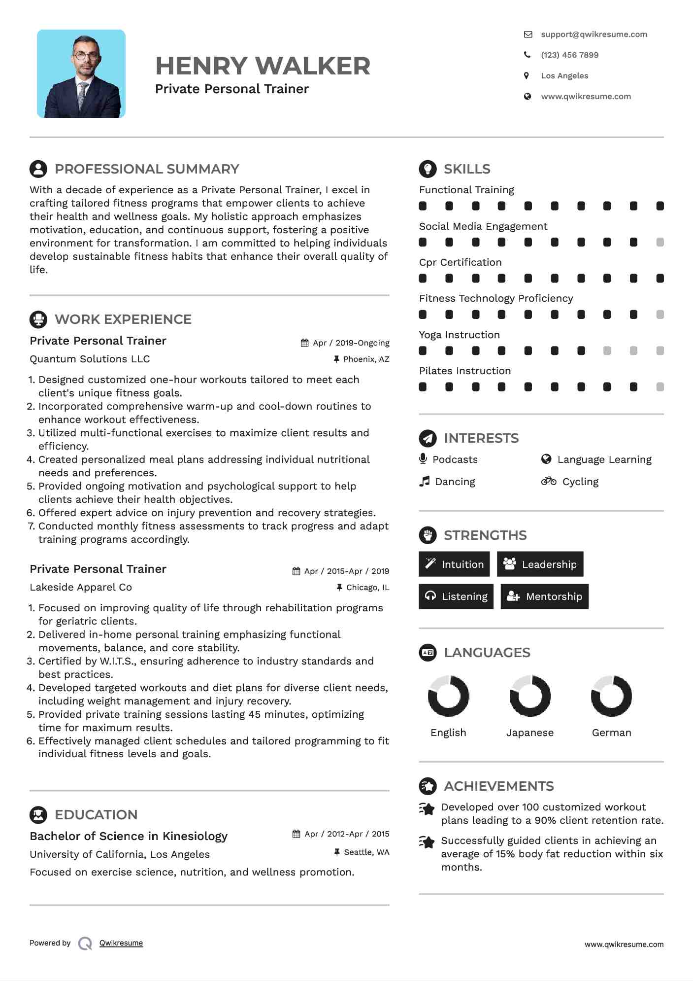 Private Personal Trainer Resume Model