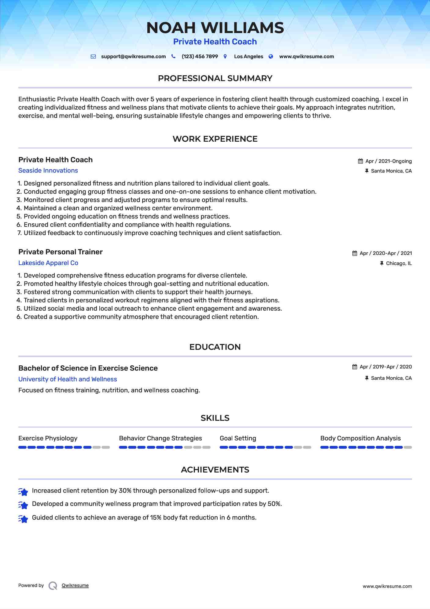 Private Health Coach Resume Template