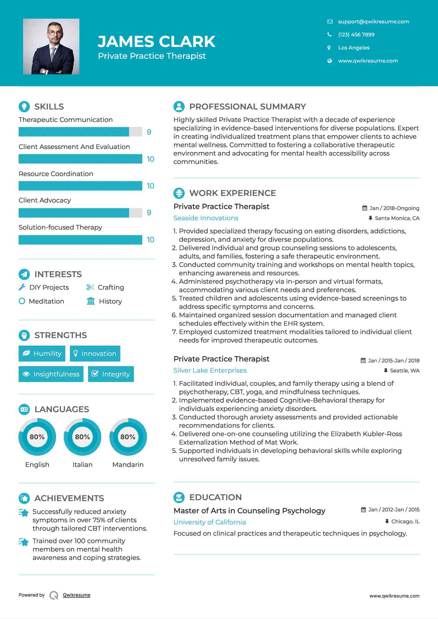 Private Practice Therapist Resume Sample