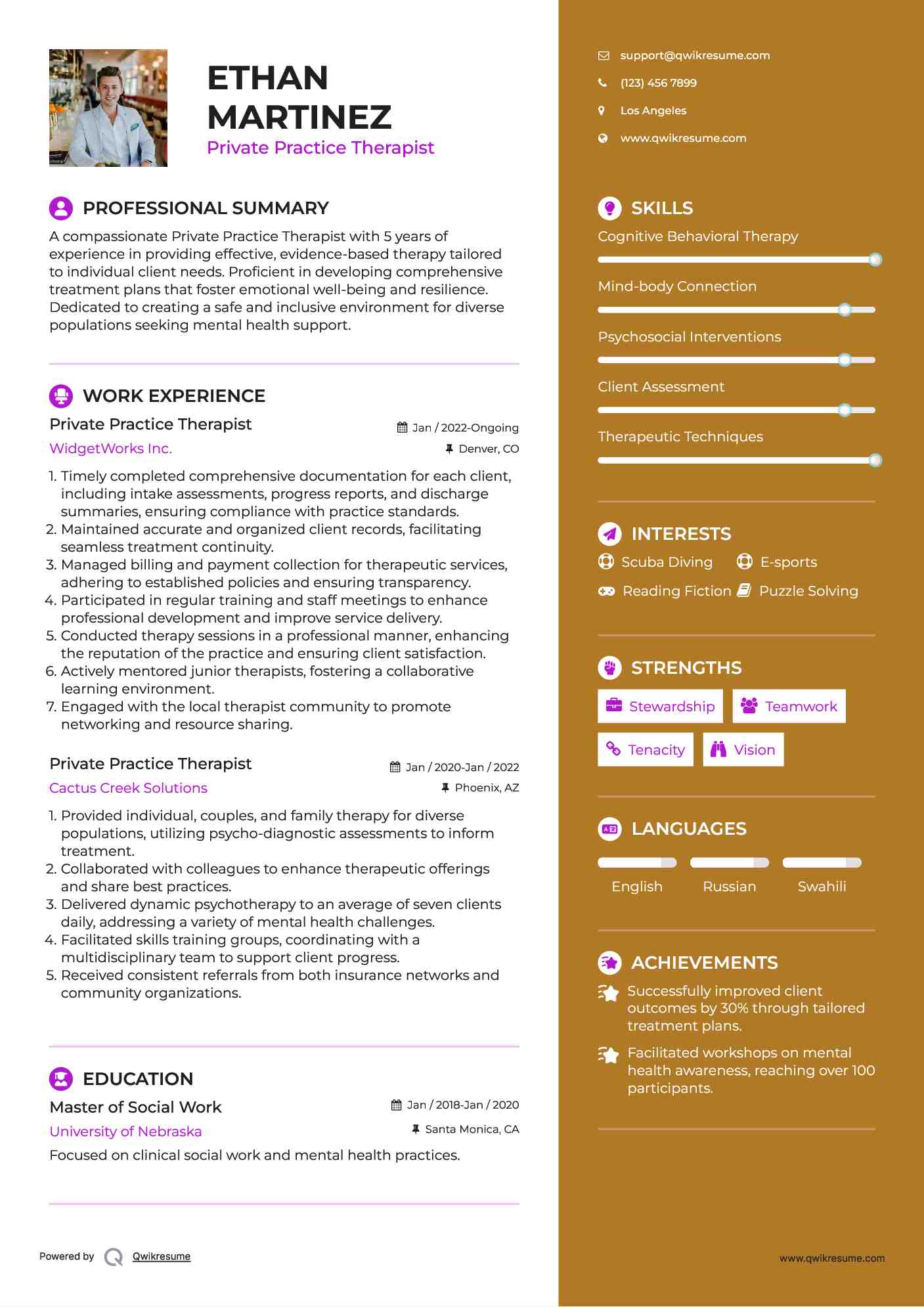 Private Practice Therapist Resume Model