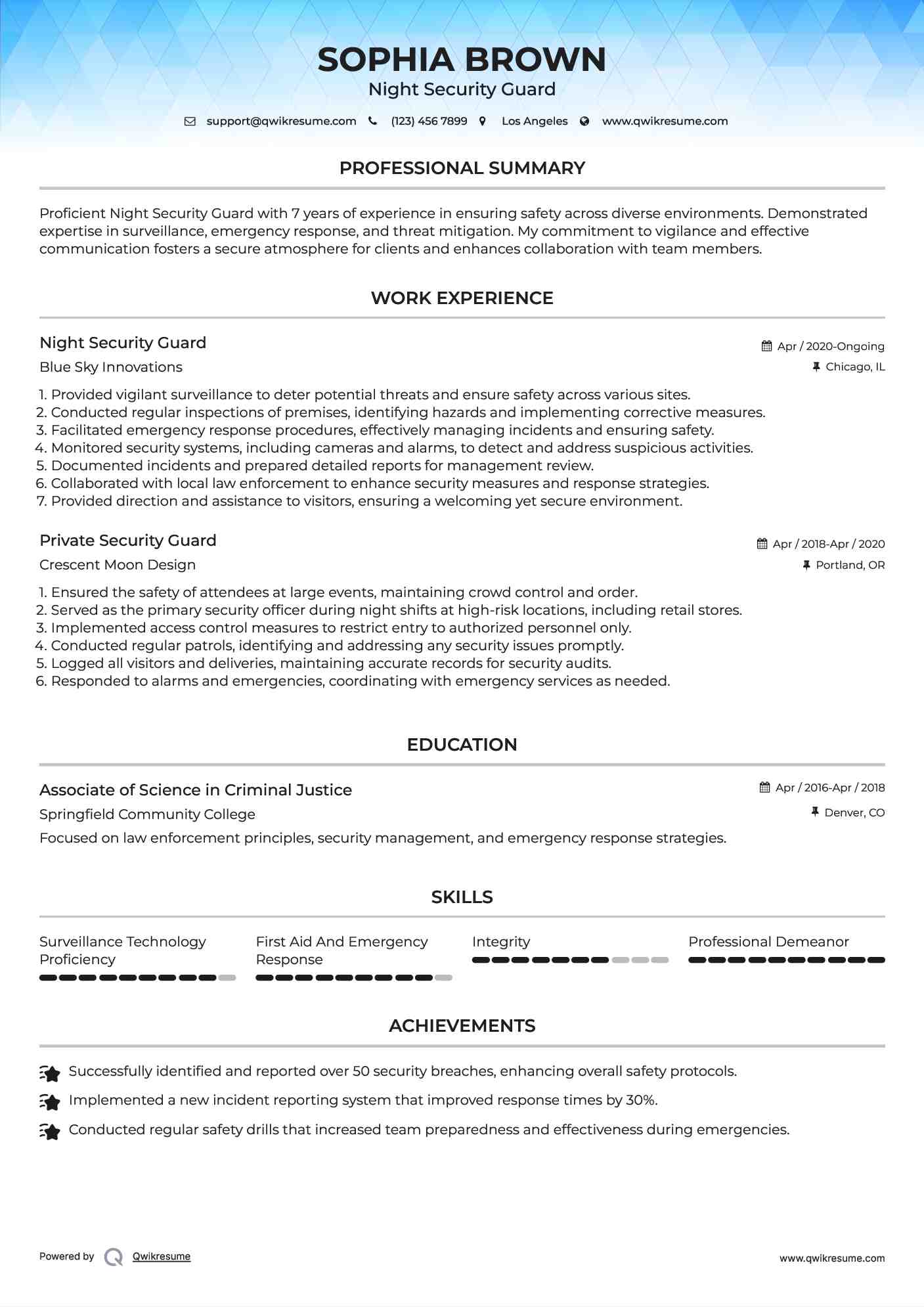 Night Security Guard Resume Format