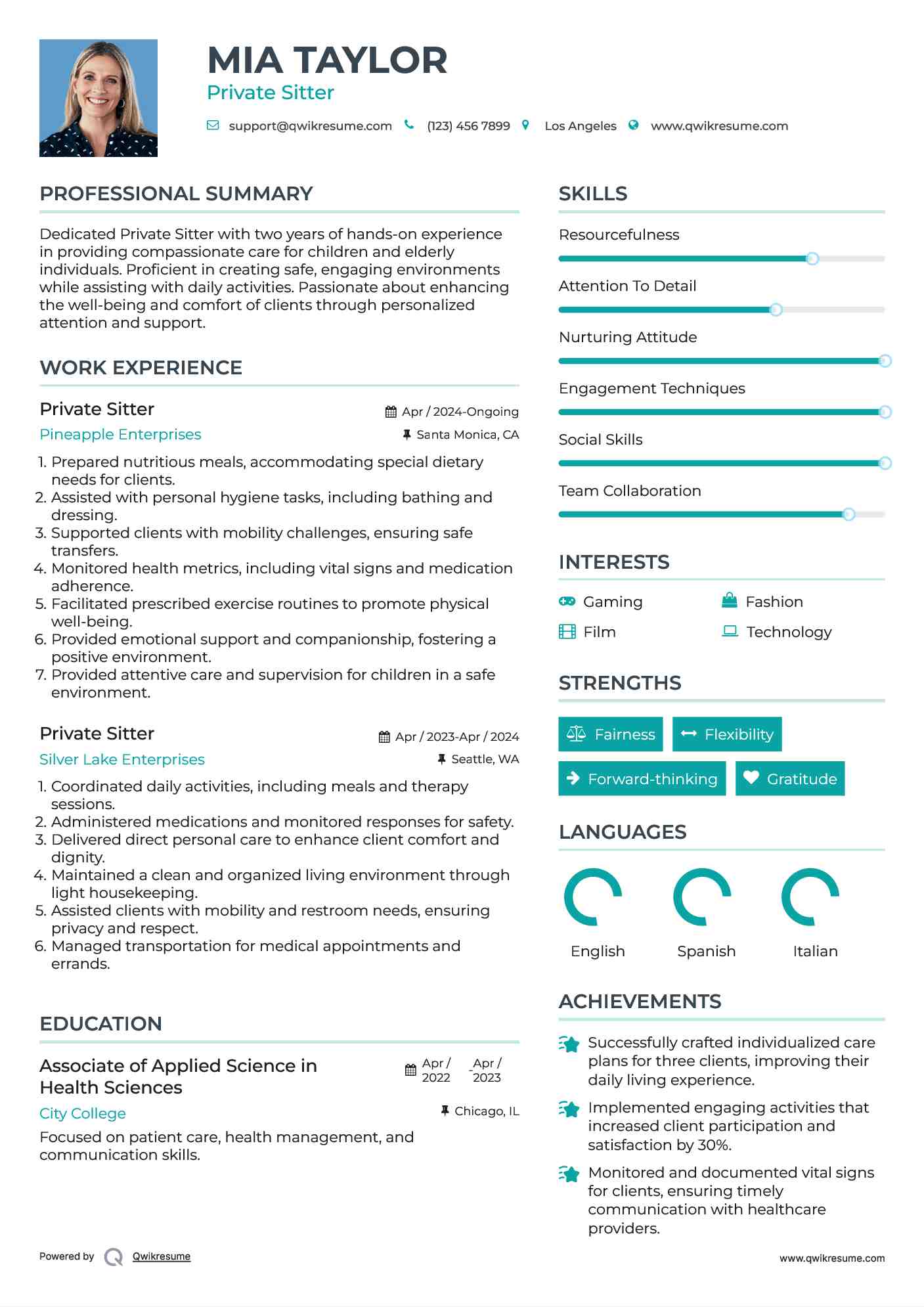 Private Sitter Resume Model