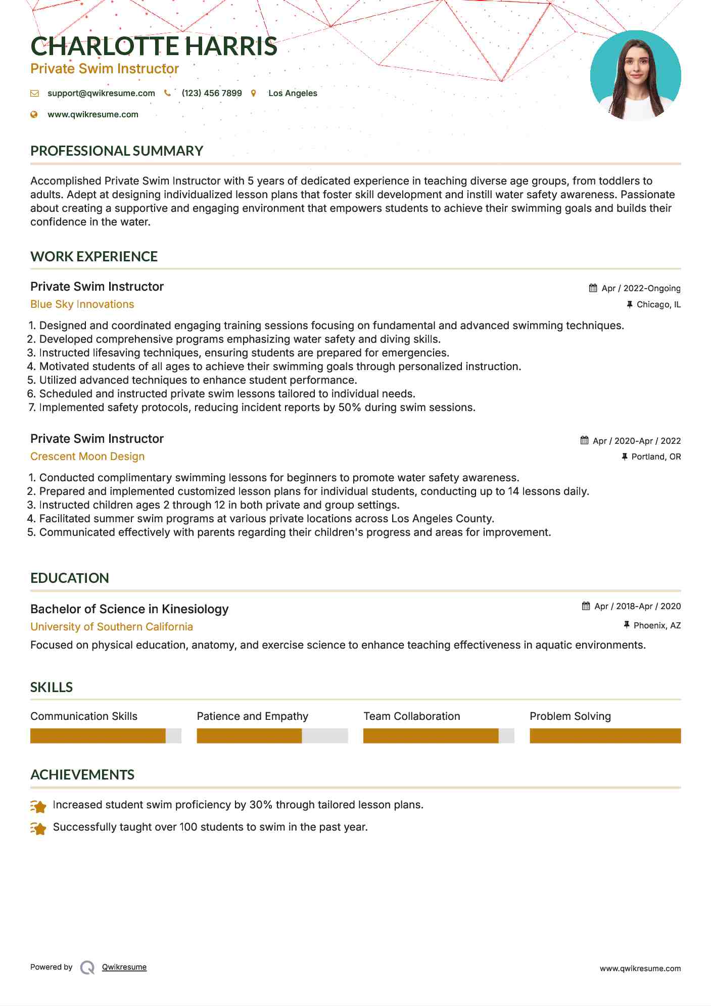 Private Swim Instructor Resume Sample