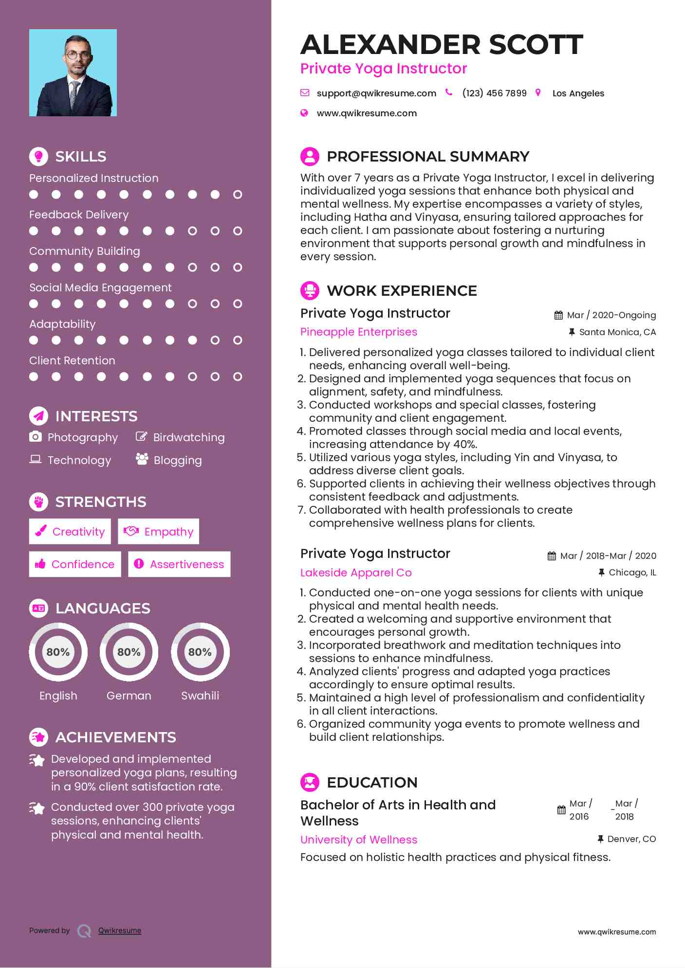 Private Yoga Instructor Resume Sample