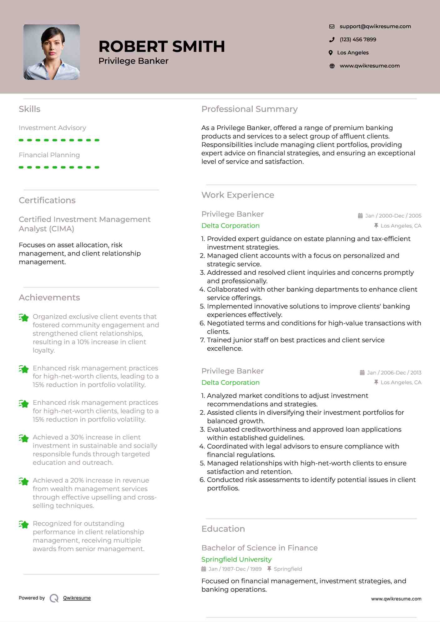 Privilege Banker Resume Example