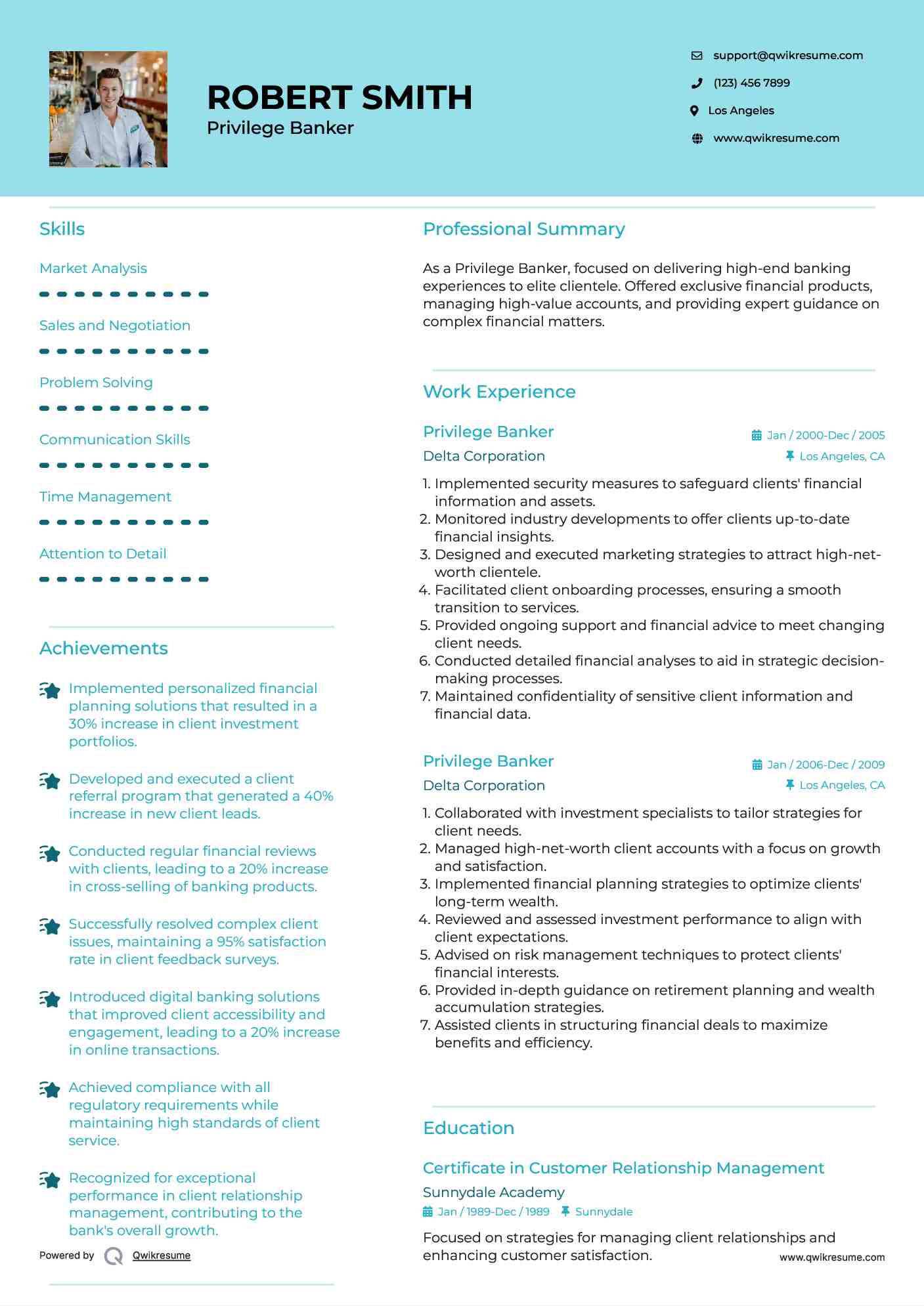 Privilege Banker Resume Sample