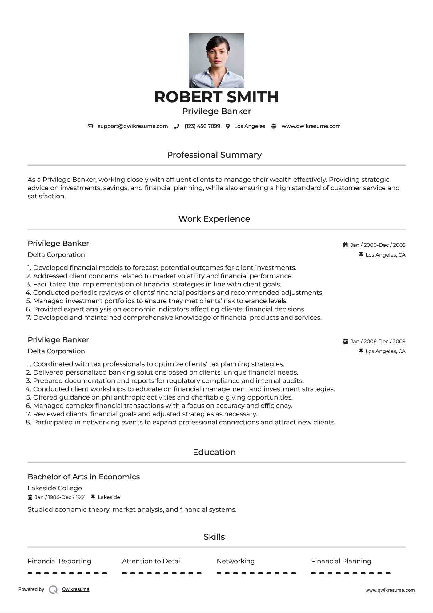 Privilege Banker Resume Example