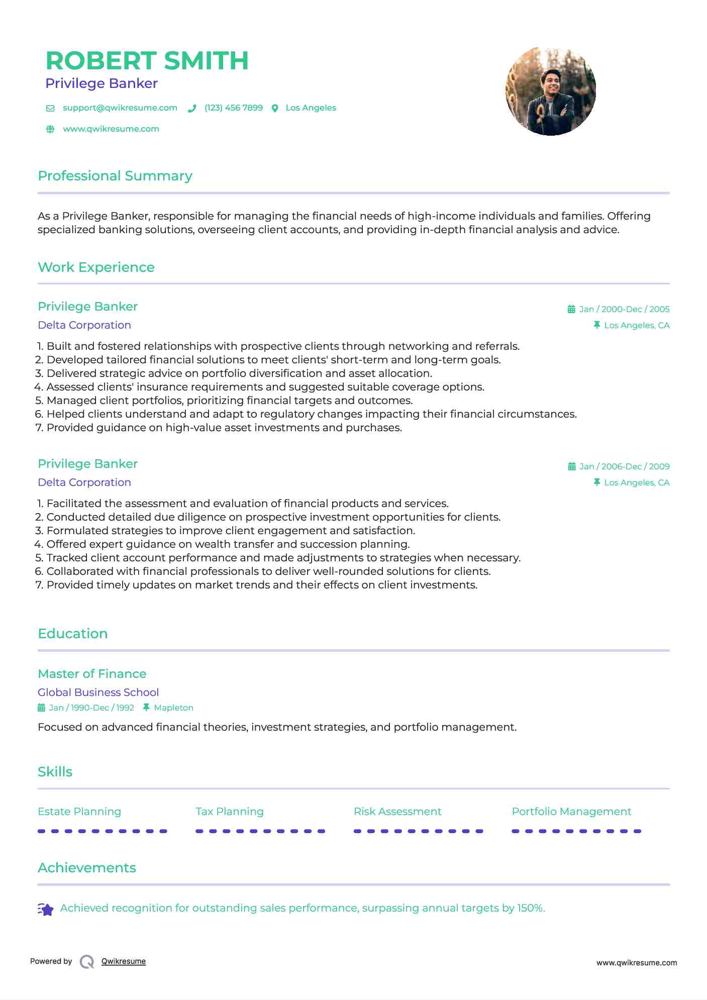 Privilege Banker Resume Sample