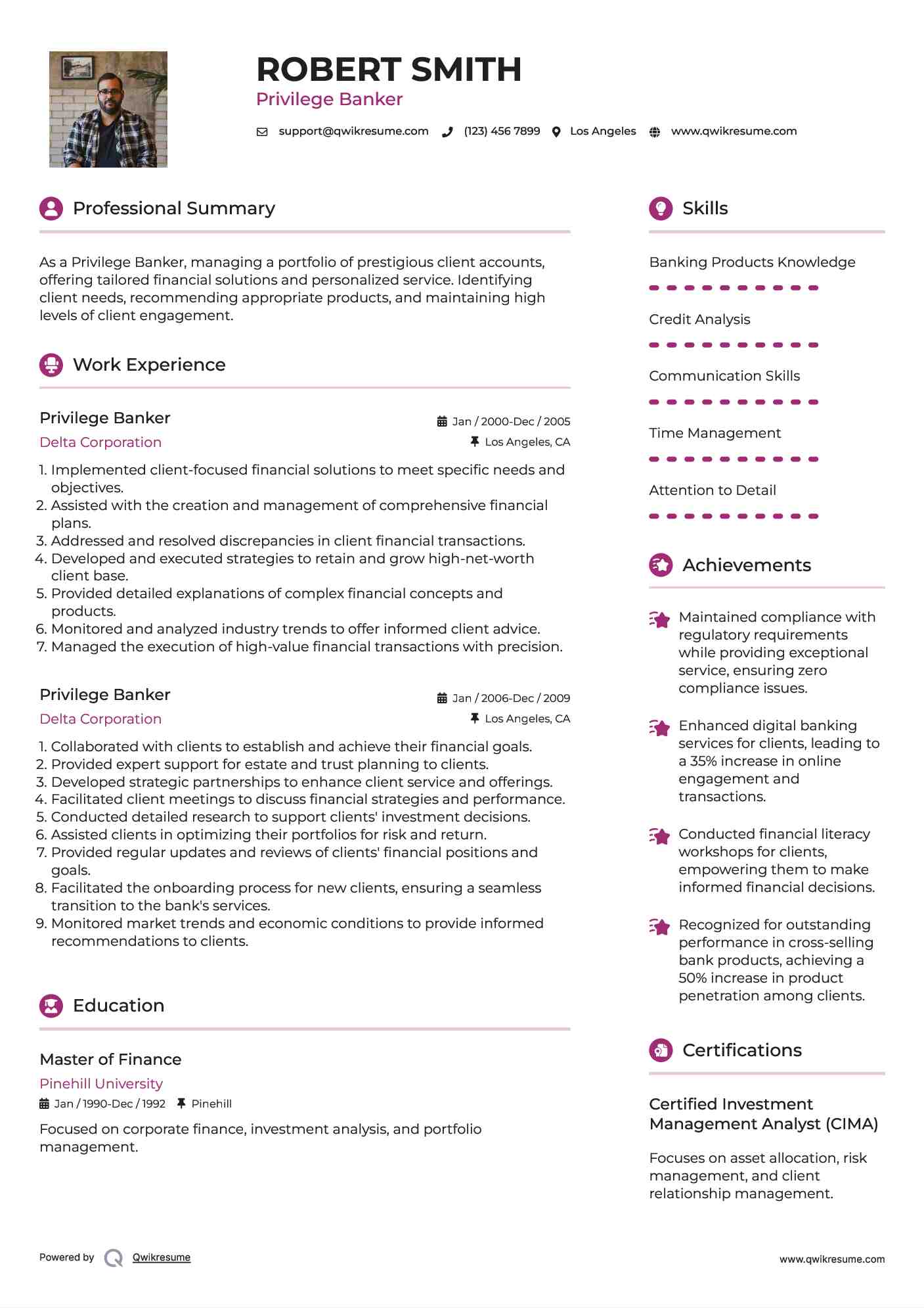 Privilege Banker Resume Example