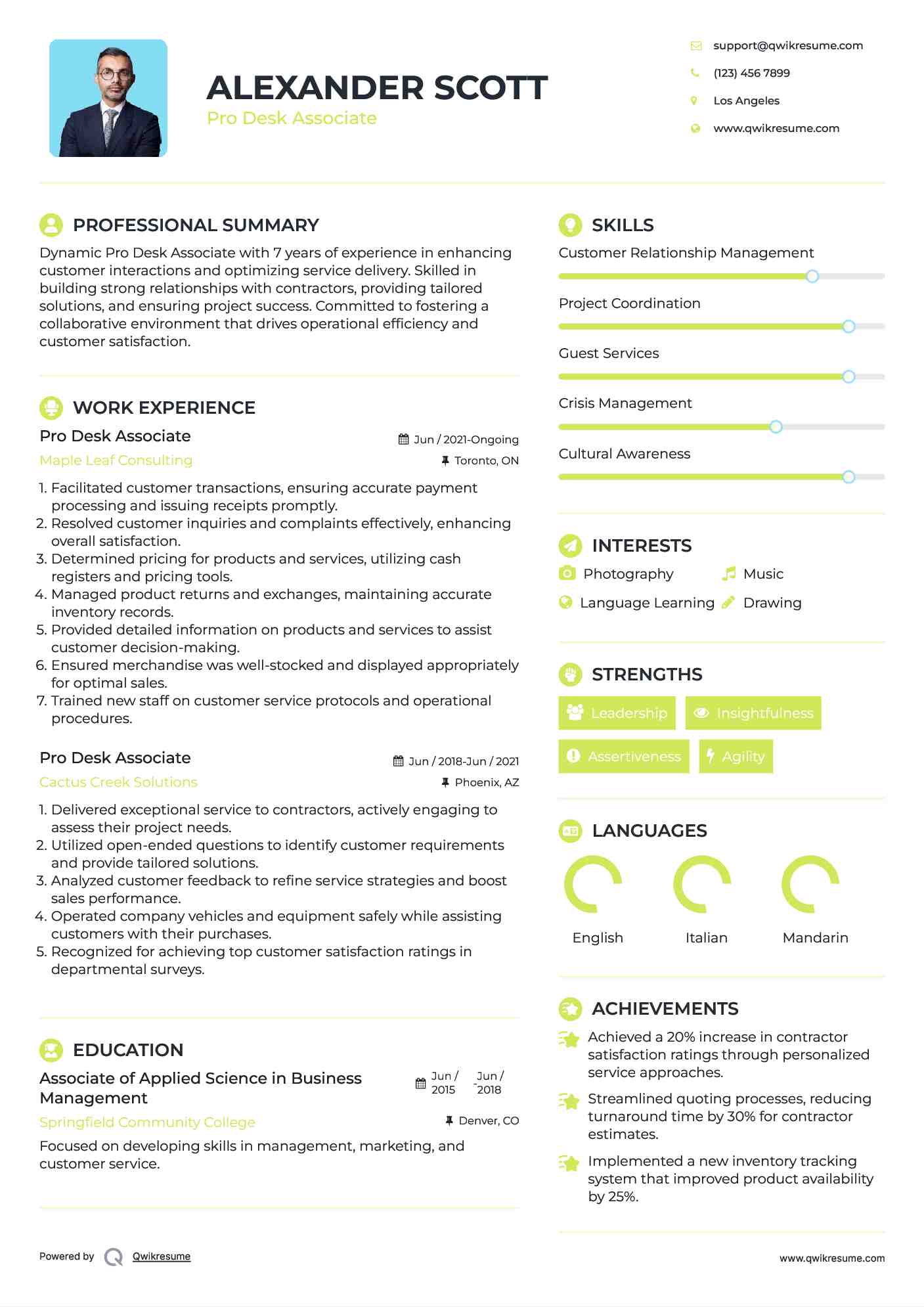 Pro Desk Associate Resume Sample