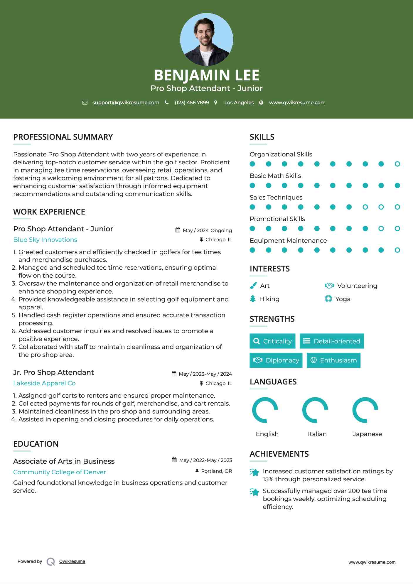 Pro Shop Attendant - Junior Resume Format