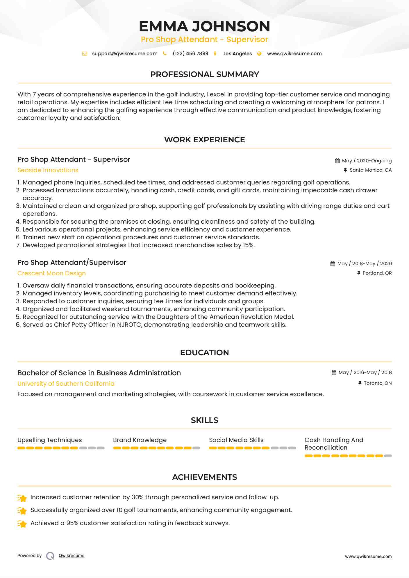 Pro Shop Attendant - Supervisor Resume Sample