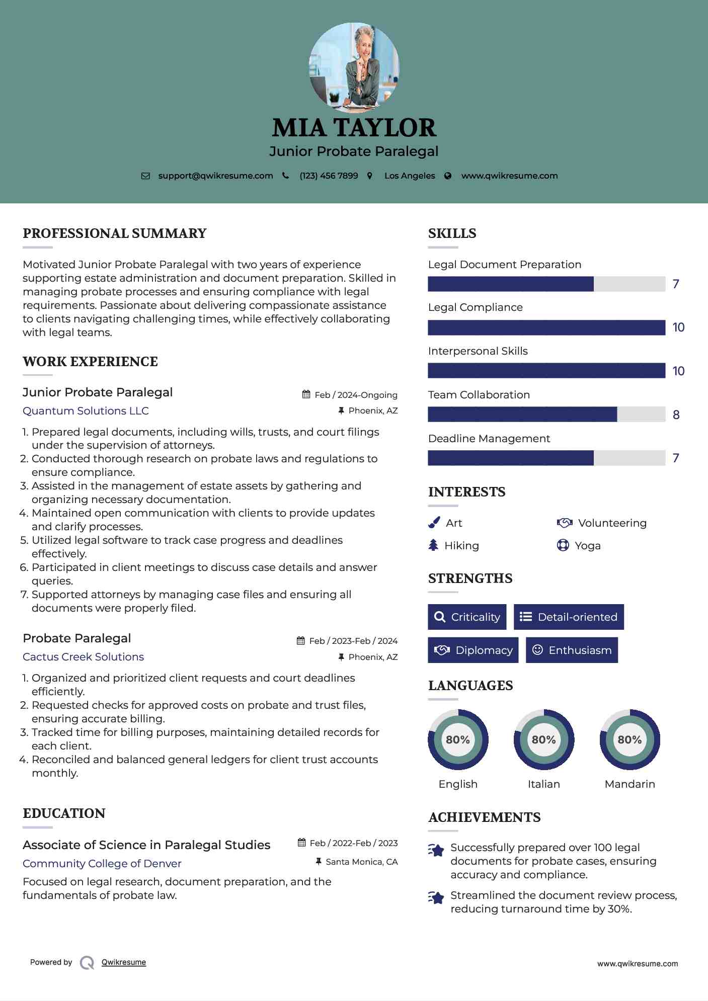 Junior Probate Paralegal Resume Example