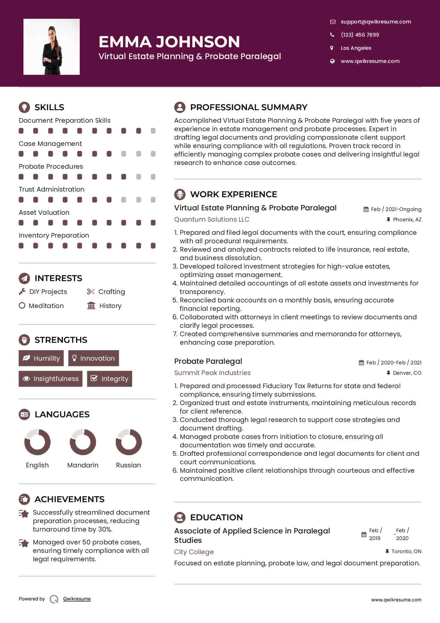 Virtual Estate Planning & Probate Paralegal Resume Sample