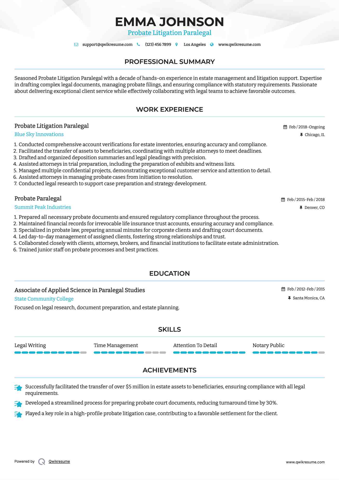 Probate Litigation Paralegal Resume Sample