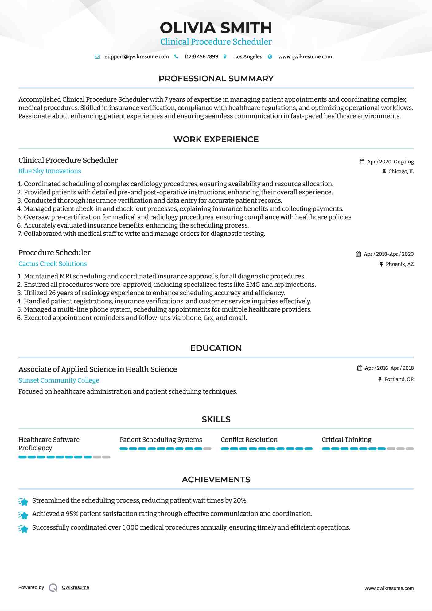 Clinical Procedure Scheduler Resume Model