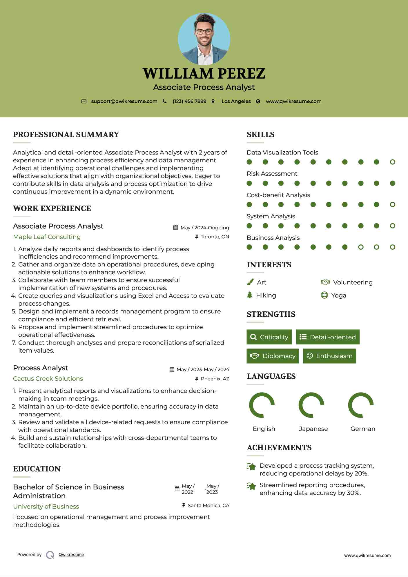 Associate Process Analyst Resume Sample