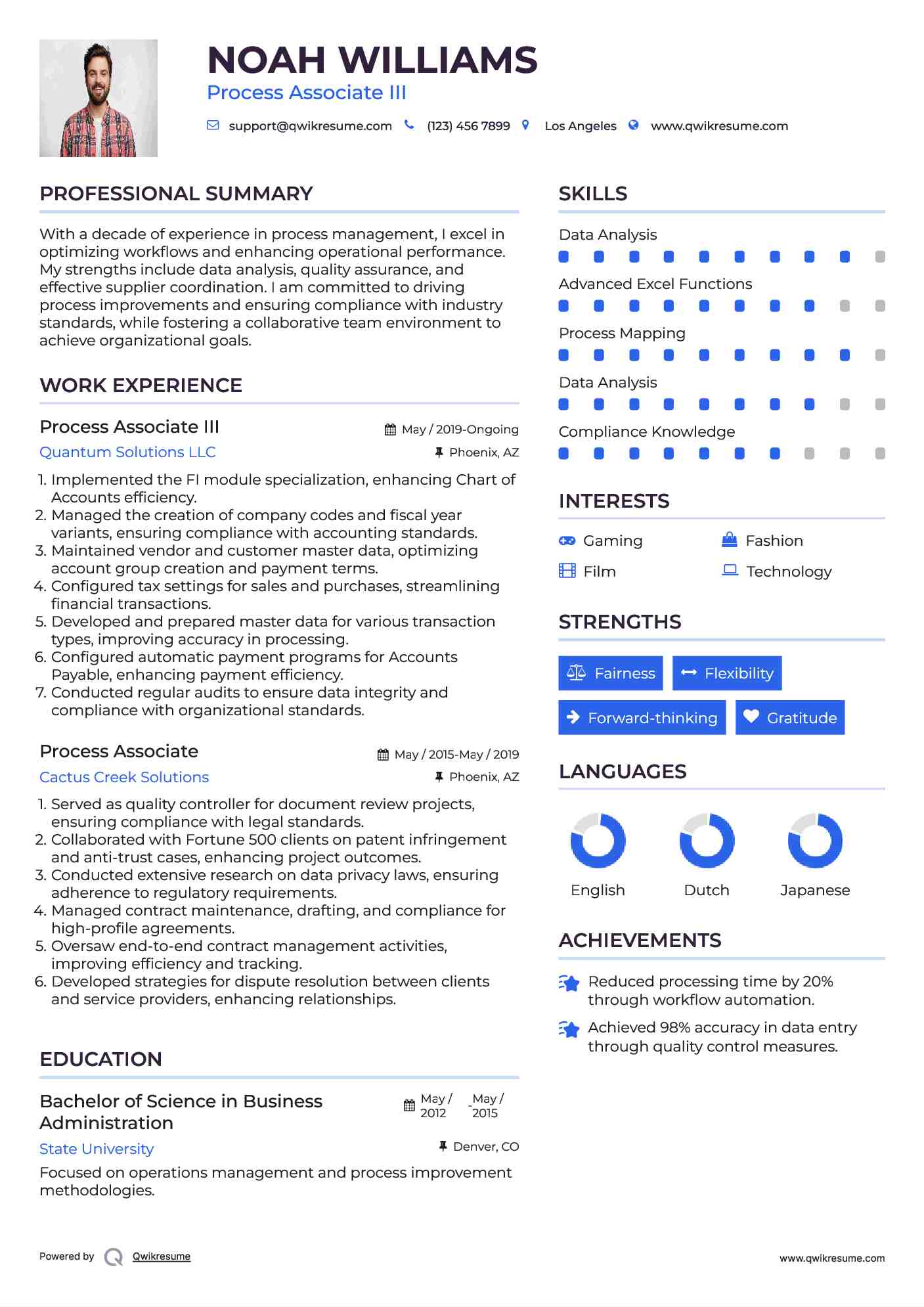 Process Associate III Resume Example