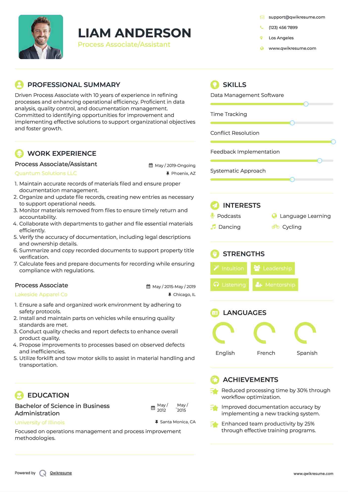 Process Associate/Assistant Resume Template