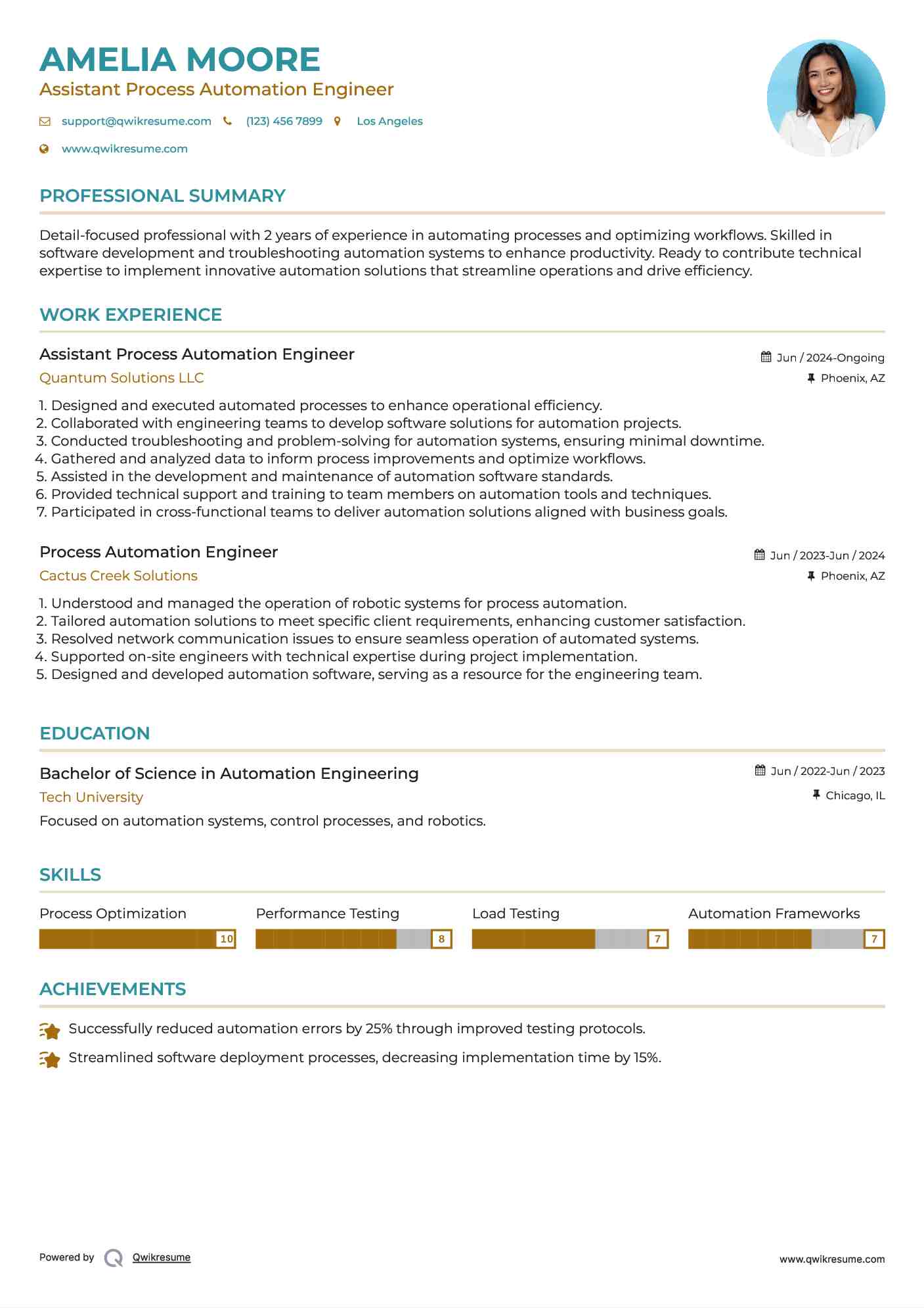 Assistant Process Automation Engineer Resume Example