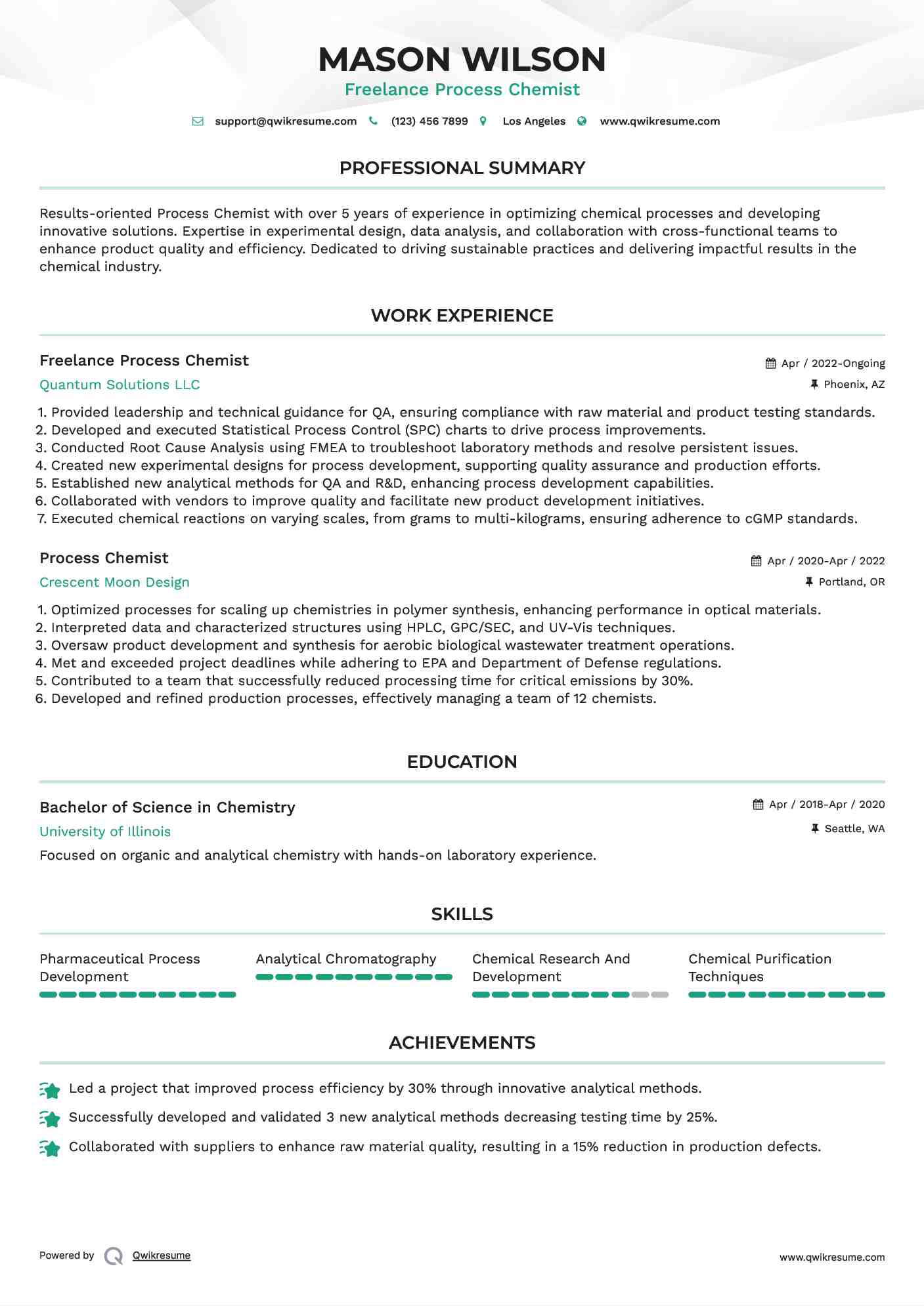 Process Chemist Resume Samples QwikResume