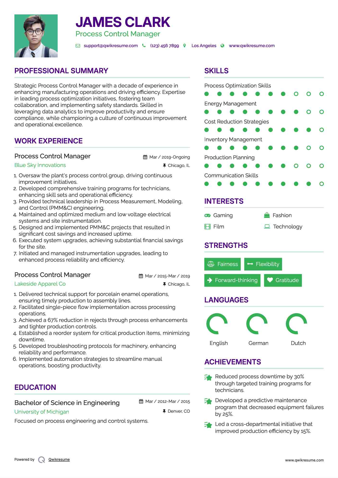Process Control Manager Resume Template